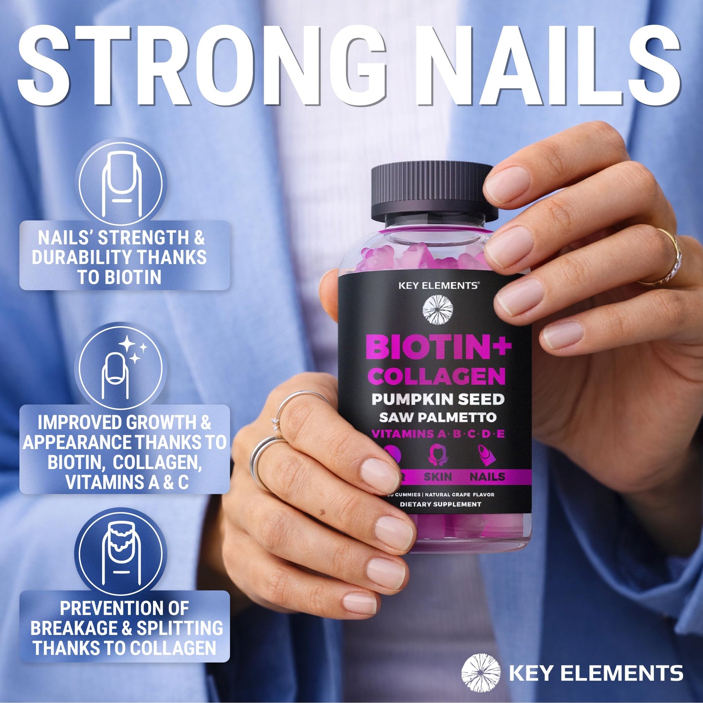KEY ELEMENTS Hair Skin and Nails 10000mcg Biotin & Collagen, Gummy, 60 Count