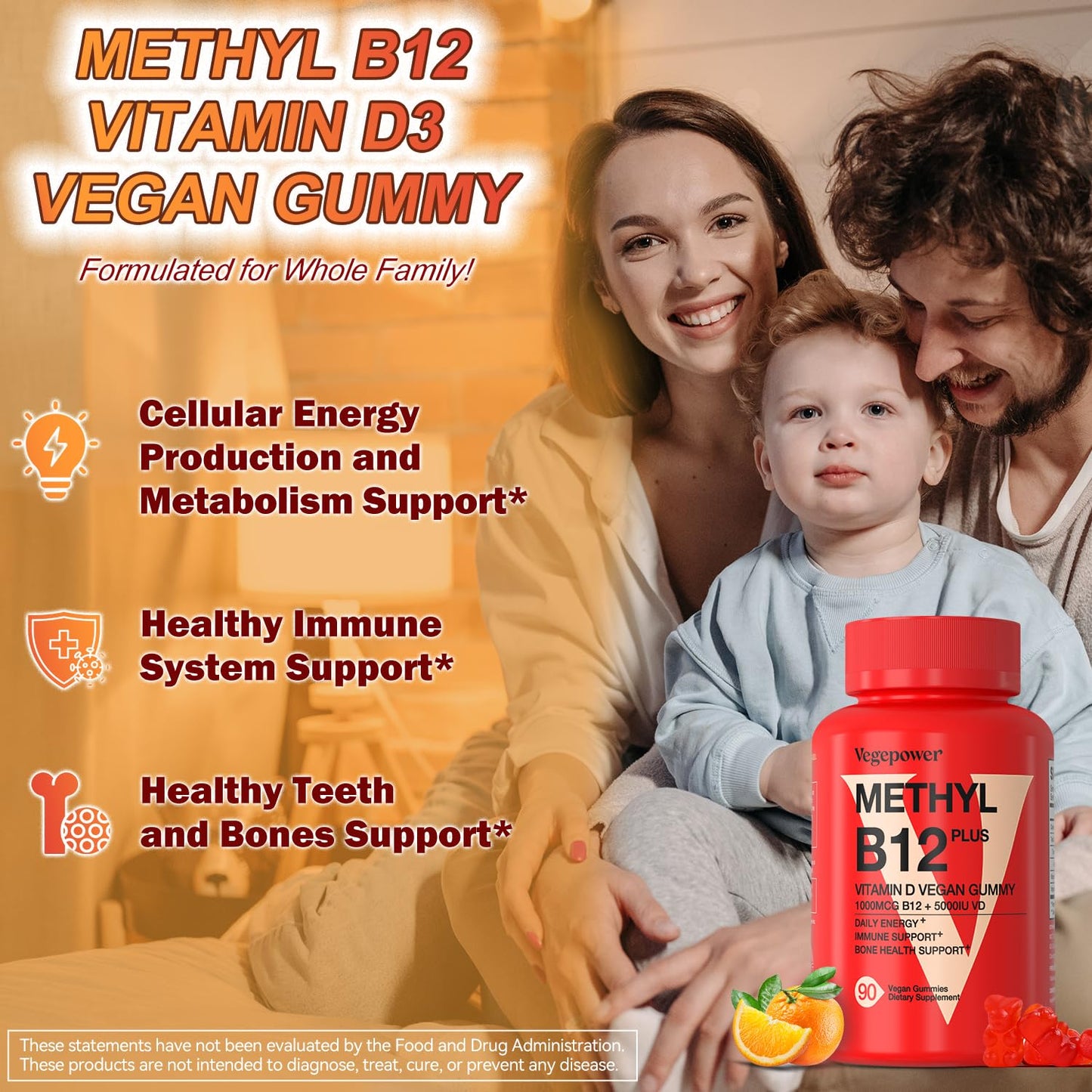 VEGEPOWER Vegan Vitamin D3 & B12 Gummies, 90 Count