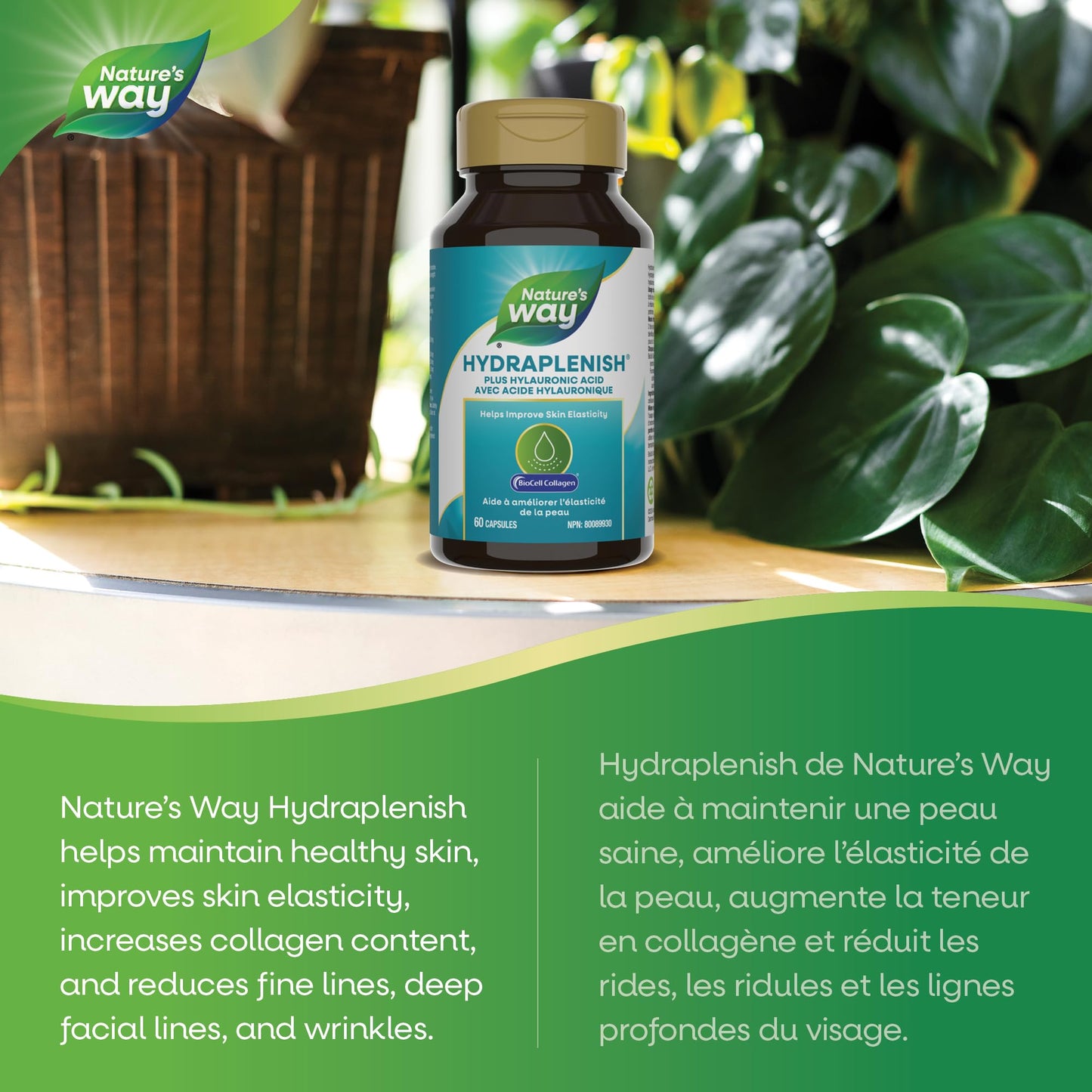 Nature's Way Hydraplenish with BioCell Collagen, Hyaluronic Acid, Support for Collagen Production, Elasticity & Healthy Skin*, 60 Capsules