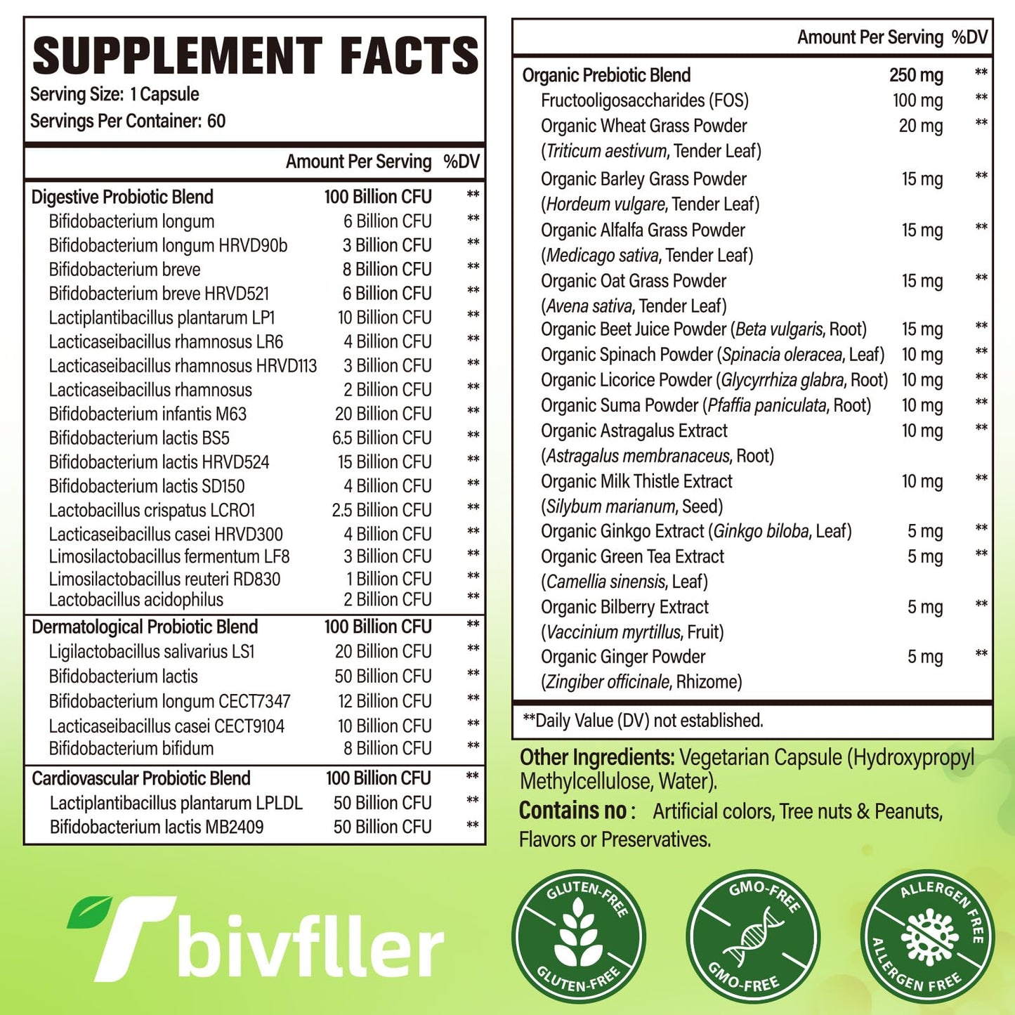 Tbivfller Probiotics for Women and Men, 300 Billion CFU, 24 Strains, with 15 Organic Herbs Prebiotics Blend, Capsules, 60 Count