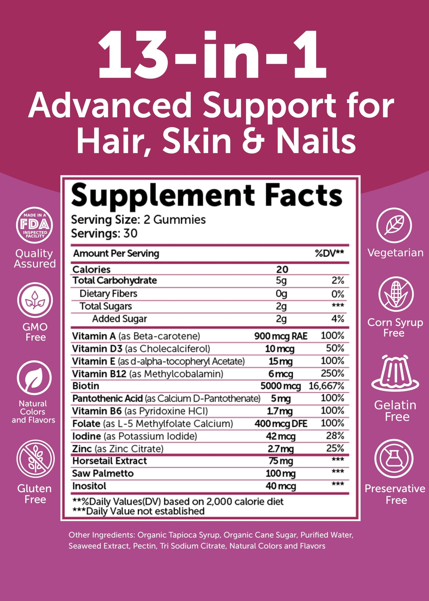 Lunakai Super Hair Gummies with Biotin, Zinc, Horsetail Extract and Saw Palmetto, 180 Gummies