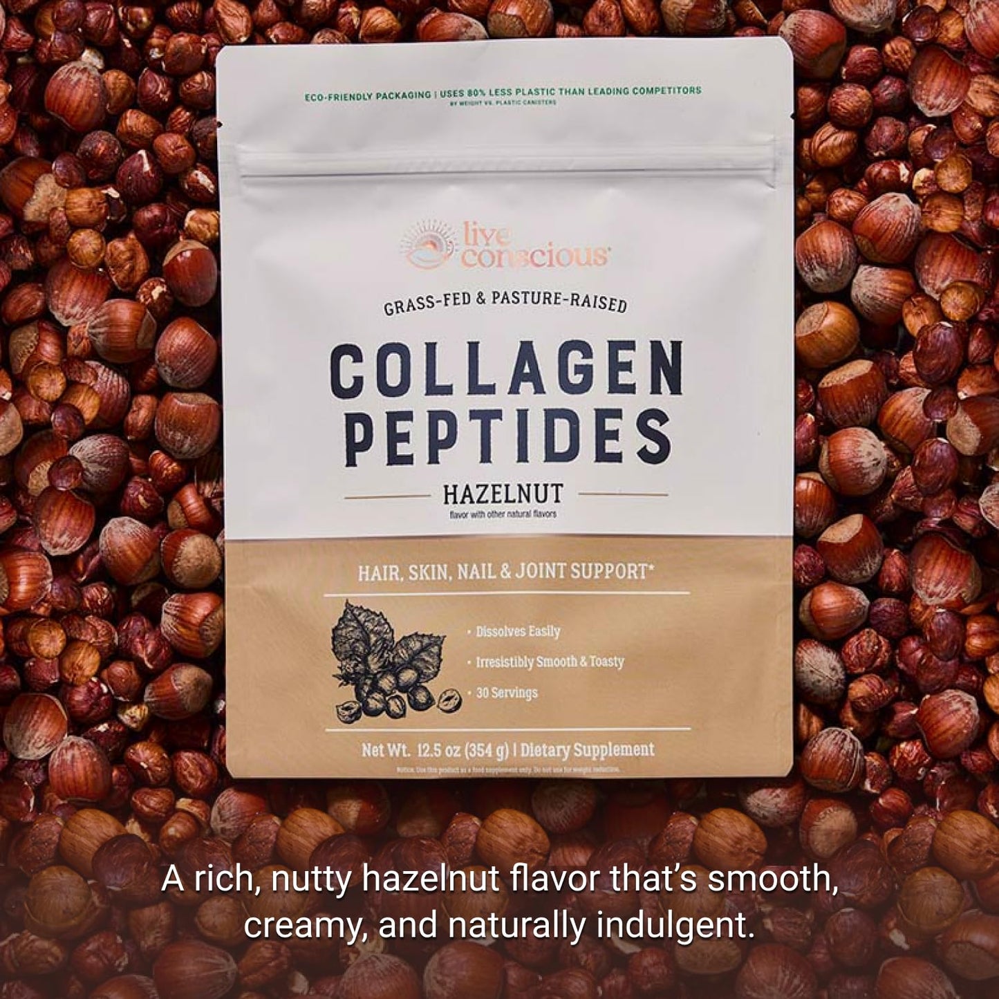 Live Conscious Collagen Peptides Powder Hazelnut - Hair, Skin, Nail, & Joint Support - Type I & III Grass-Fed Collagen - 2-Pack, 24.08 oz