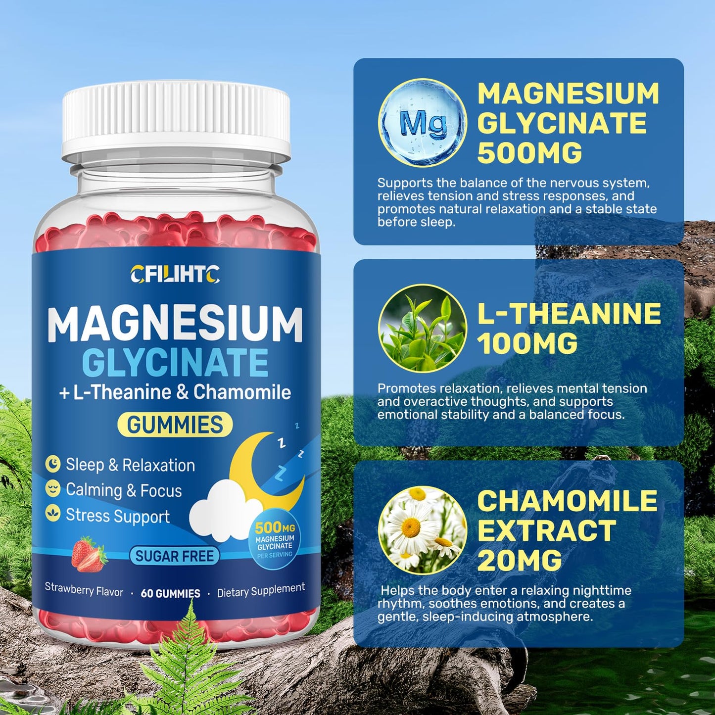 CFILIHTC Magnesium Glycinate Gummies with L-Theanine & Chamomile 500mg, Strawberry Flavor, 60 Count