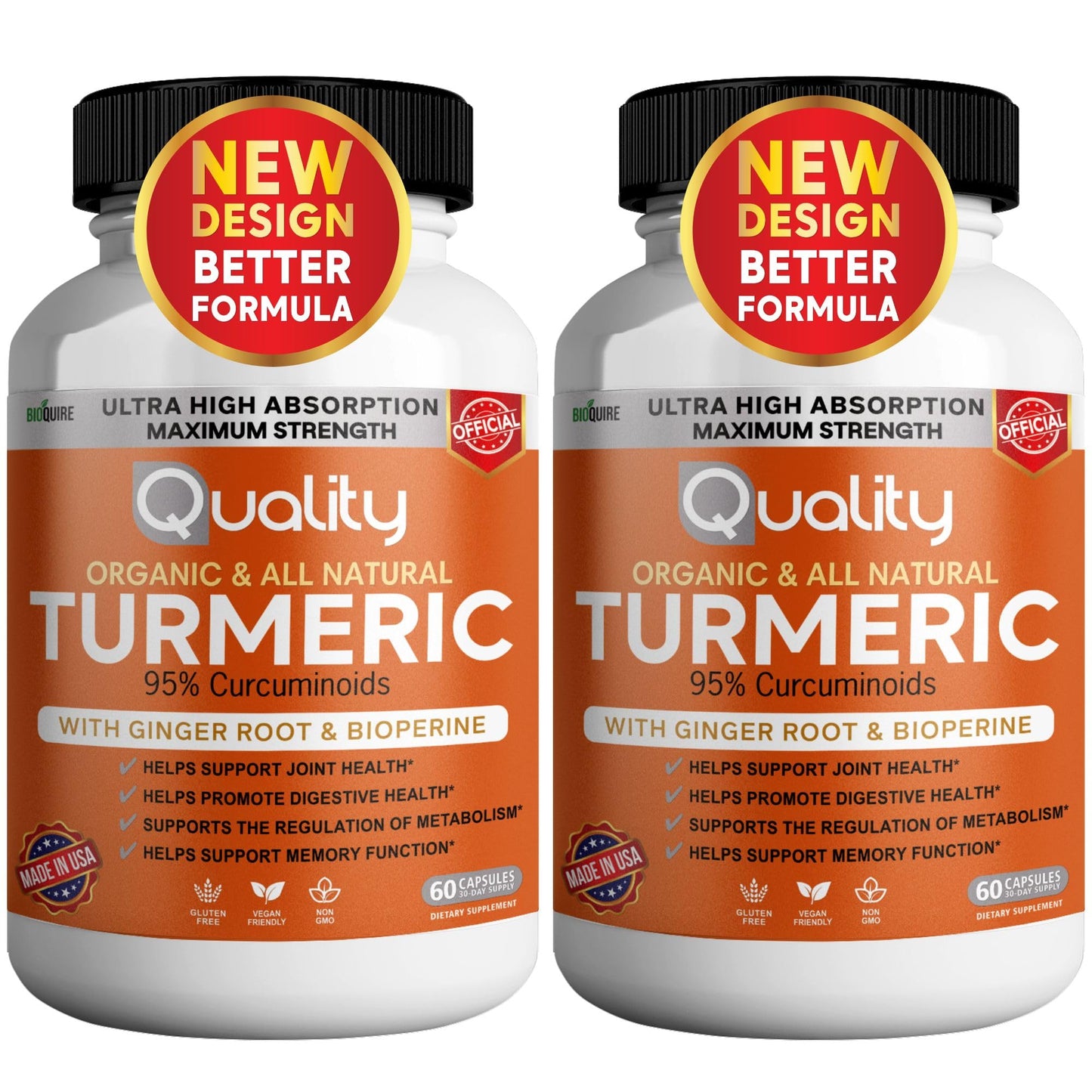 BIOQUIRE Organic Turmeric Capsules with Ginger Root and BioPerine, 95% Curcuminoids, 500mg, 60 Veggie Capsules