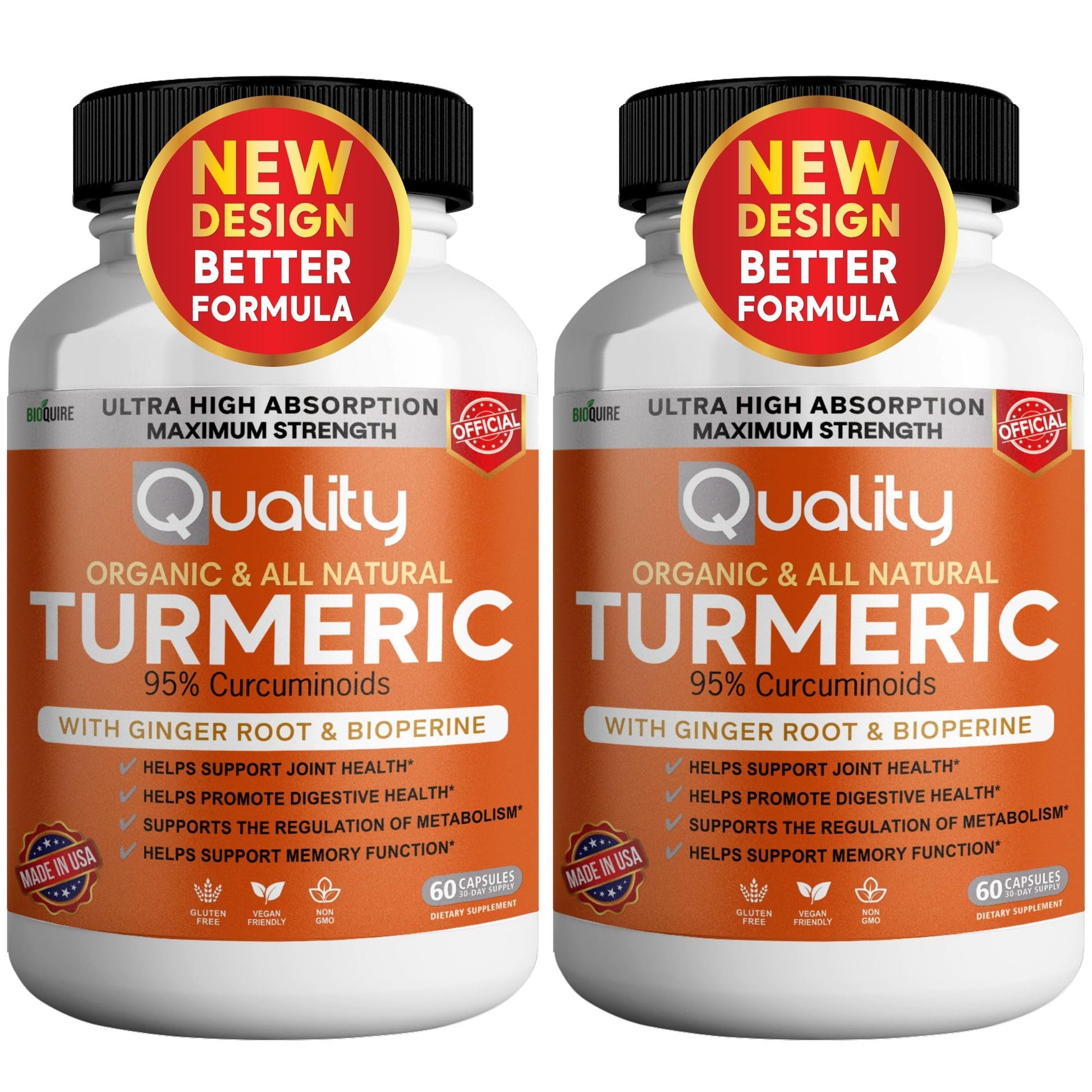 BIOQUIRE Organic Turmeric Capsules with Ginger Root and BioPerine, 95% Curcuminoids, 500mg, 60 Veggie Capsules
