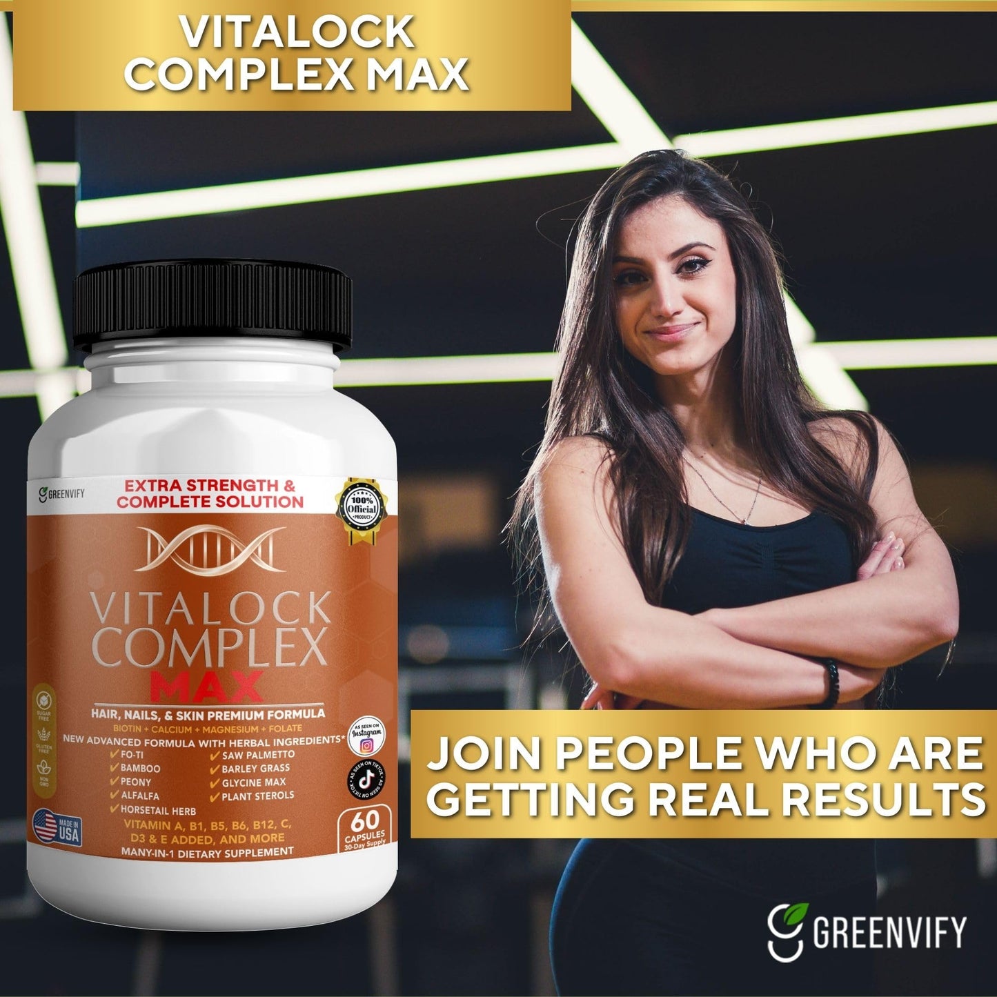 GREENVIFY Vitalock Complex MAX Hair, Nails & Skin Formula, Biotin, Folate, Vitamins A B C D E Capsules 60