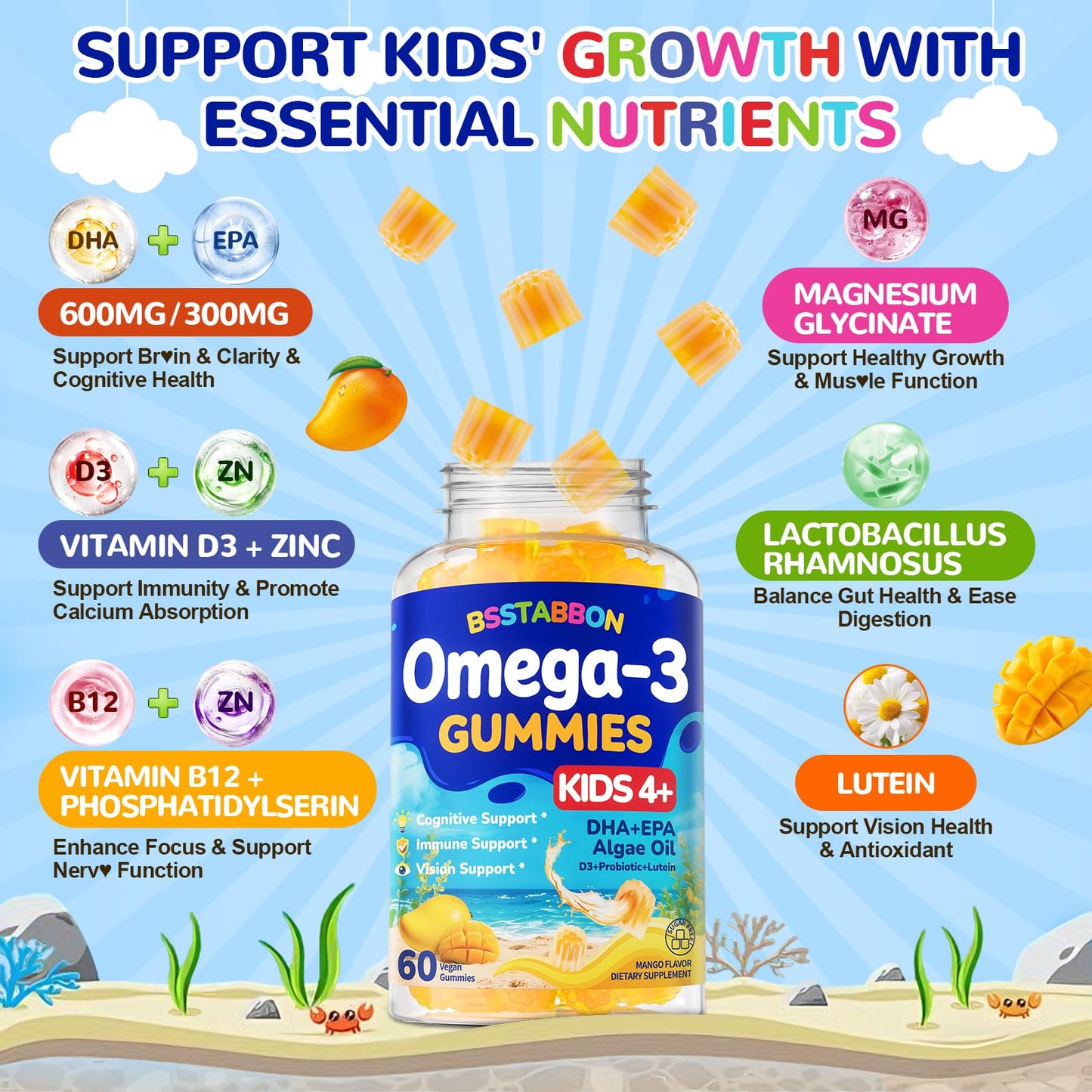 BSSTABBON Vegan Omega 3 Gummies for Kids 4+ DHA EPA with Vitamin D3 B12 Probiotic Lutein Zinc No Fish Taste Multivitamin, 60 Gummies