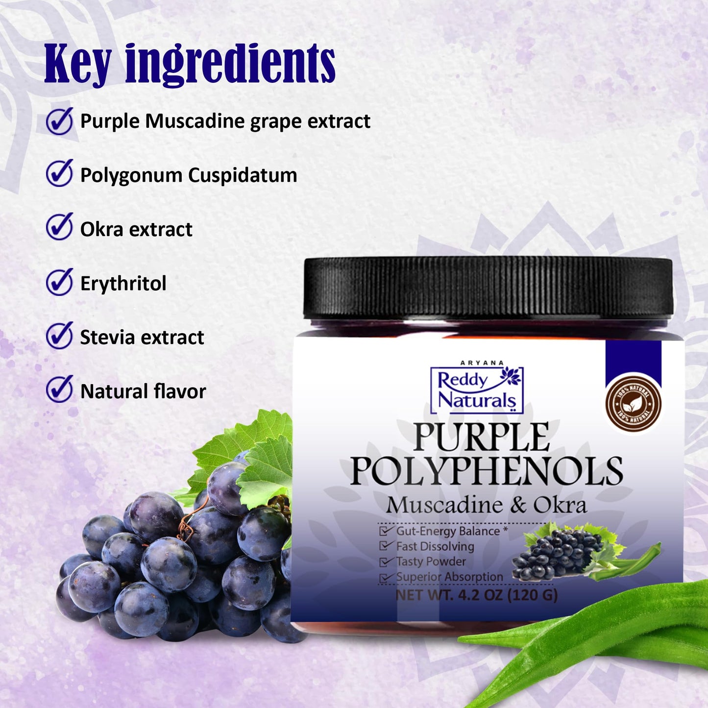 Reddy Naturals Purple Polyphenols with Muscadine Grape Extract Powder, 4.23 oz
