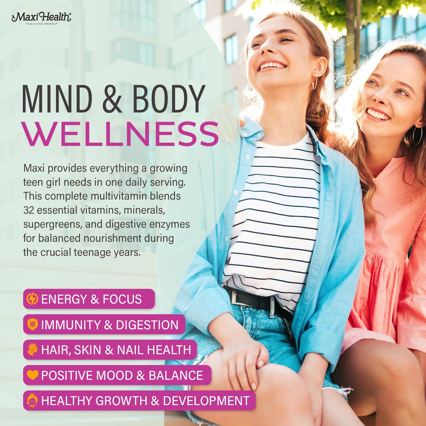 Maxi Health Teen Vitamins for Girls 12-17 Teen Multivitamin Capsule, 60 Count