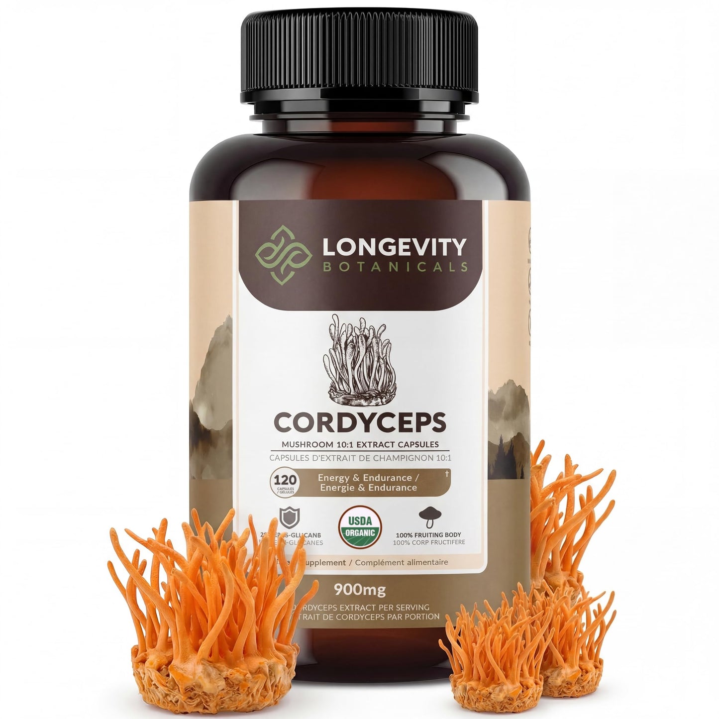Longevity Botanicals Organic Cordyceps Mushroom Capsules 120 Count