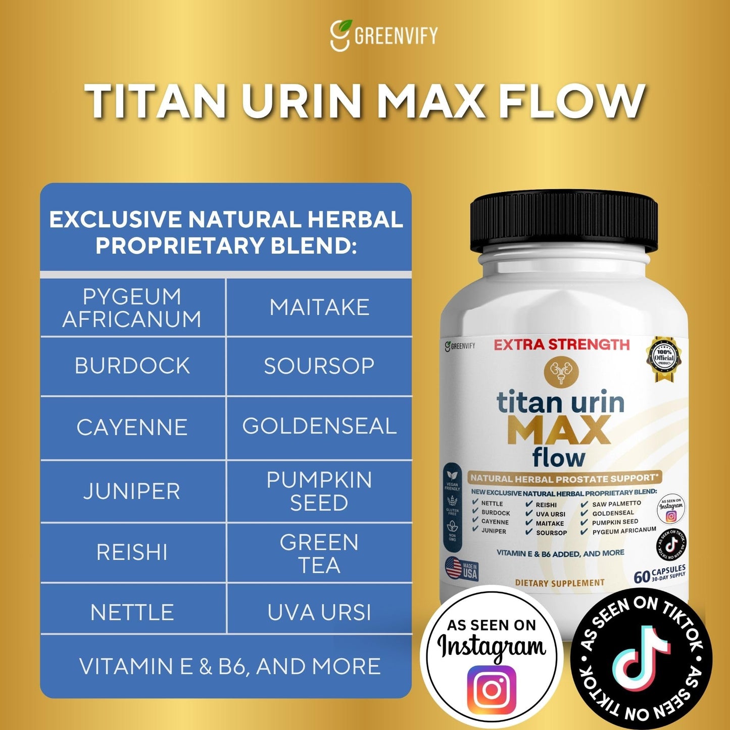 GREENVIFY Titan Urin Max Flow Natural Prostate Supplement 60 Capsules