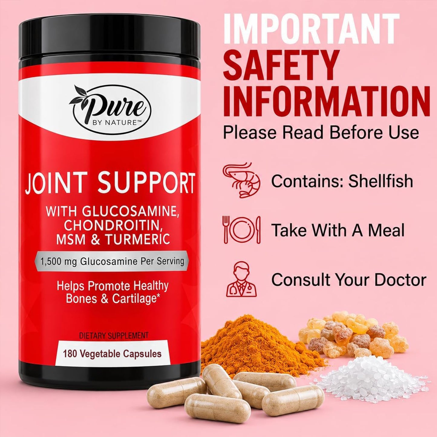 Pure By Nature Glucosamine Chondroitin MSM Turmeric Boswellia (60 Day Supply) Joint Support Supplement for Women & Men, Gluten Free, Non GMO, 180 Capsules