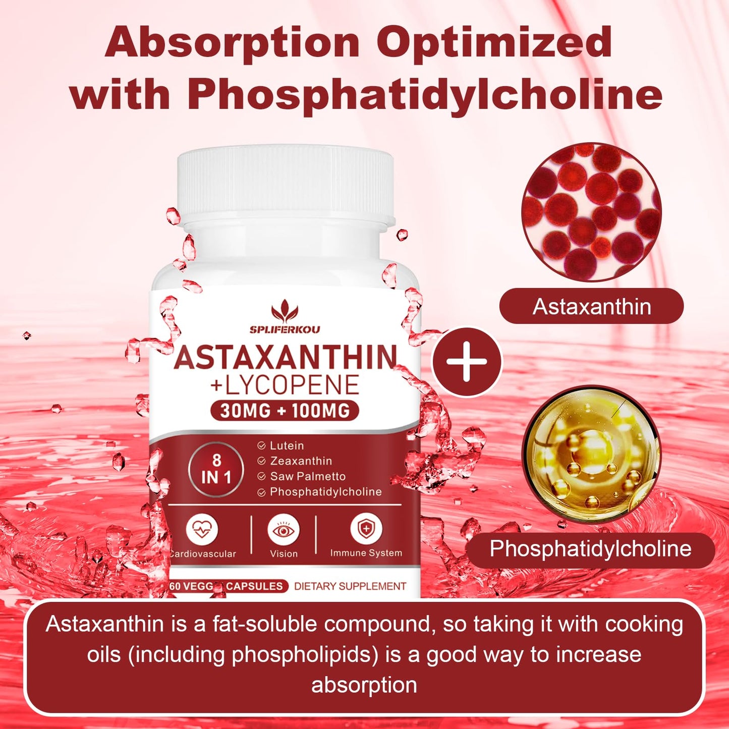 Spliferkou Astaxanthin and Lycopene 70mg, Astaxanthin Supplement with Phosphatidylcholine, Lutein and Zeaxanthin, Powerful Antioxidants for Skin, Eye and Joint Health 60 Capsules