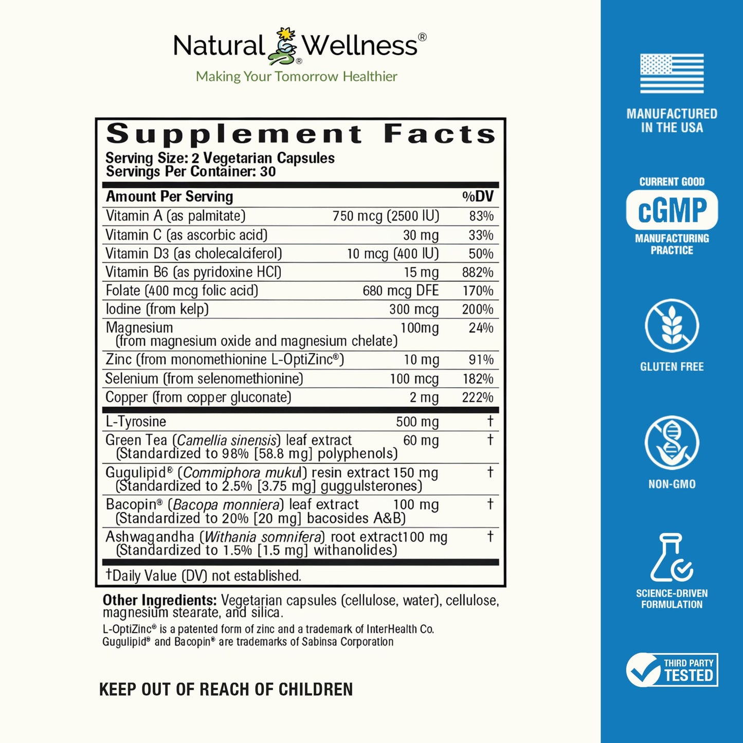 Natural Wellness Thyroid Support Iodine, Selenium & L-Tyrosine – Healthy Thyroid Function, Energy & Metabolism – 60 Vegetarian Capsules