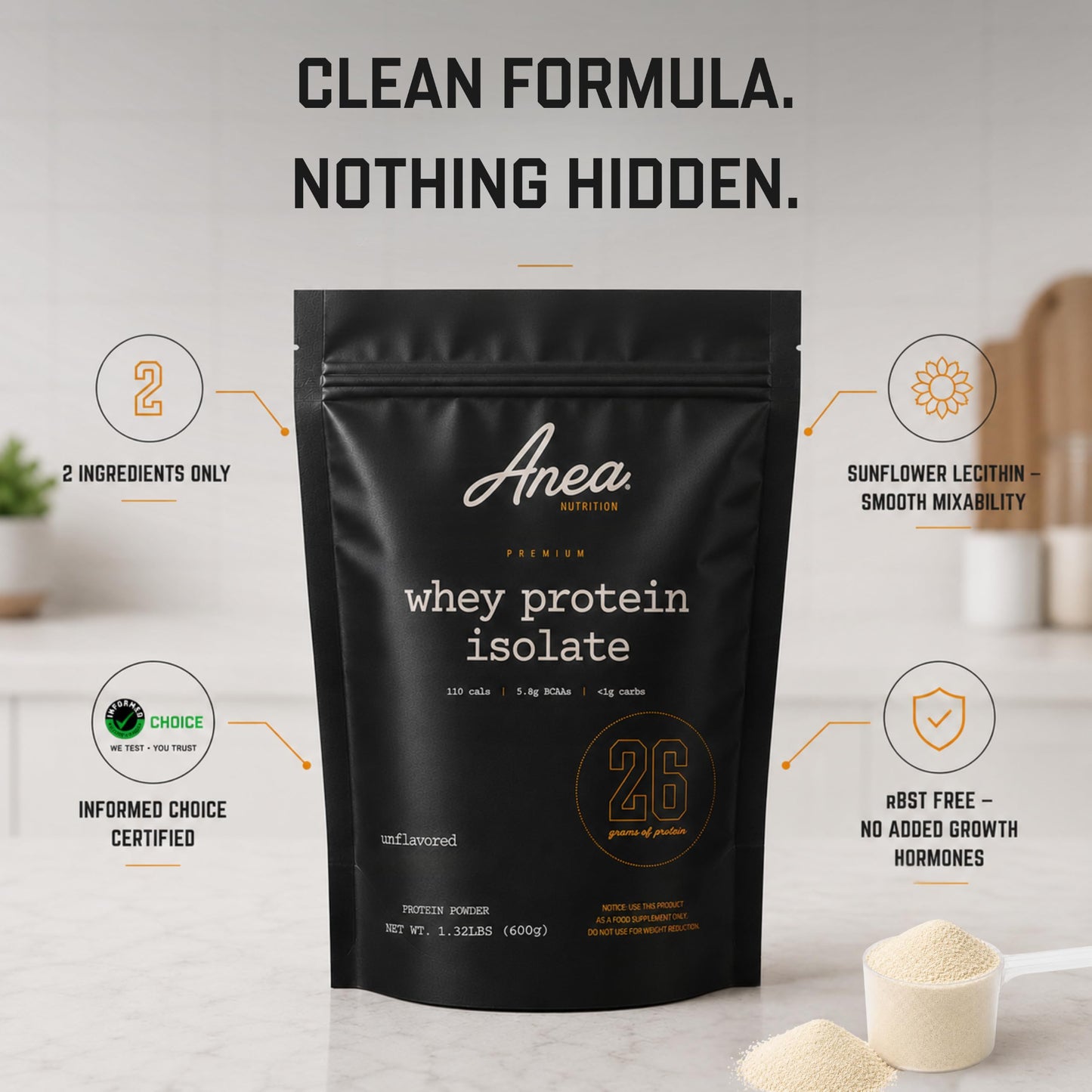 Anea Nutrition Whey Isolate Protein Powder, Unflavored, 20 Servings, 1.32 Pound