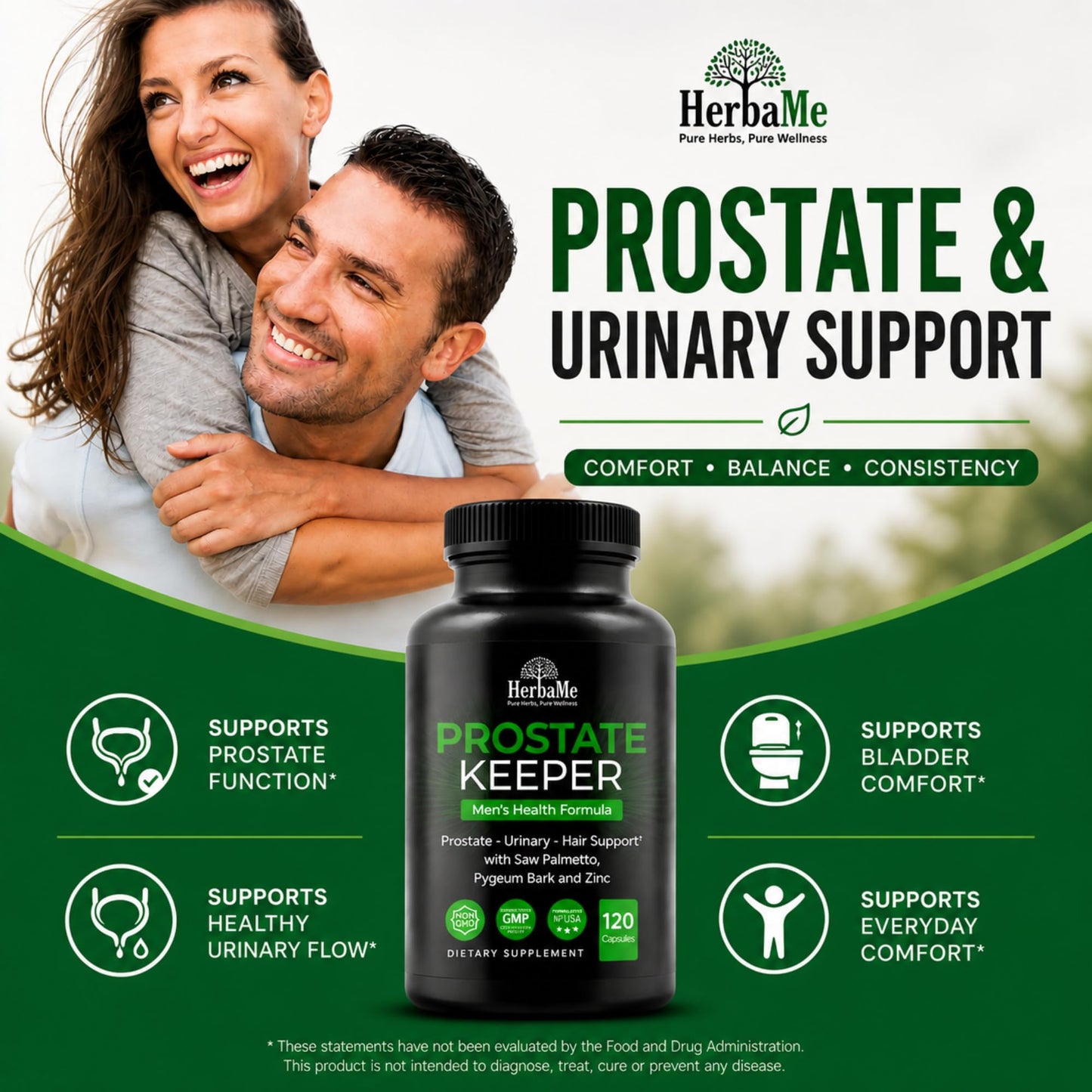 HerbaMe Prostate Support Supplement for Men 40+ with Saw Palmetto, Pygeum Bark & Zinc — Supports Healthy Urinary Flow, Bladder Comfort & Prostate Function, Capsule, 120 Count