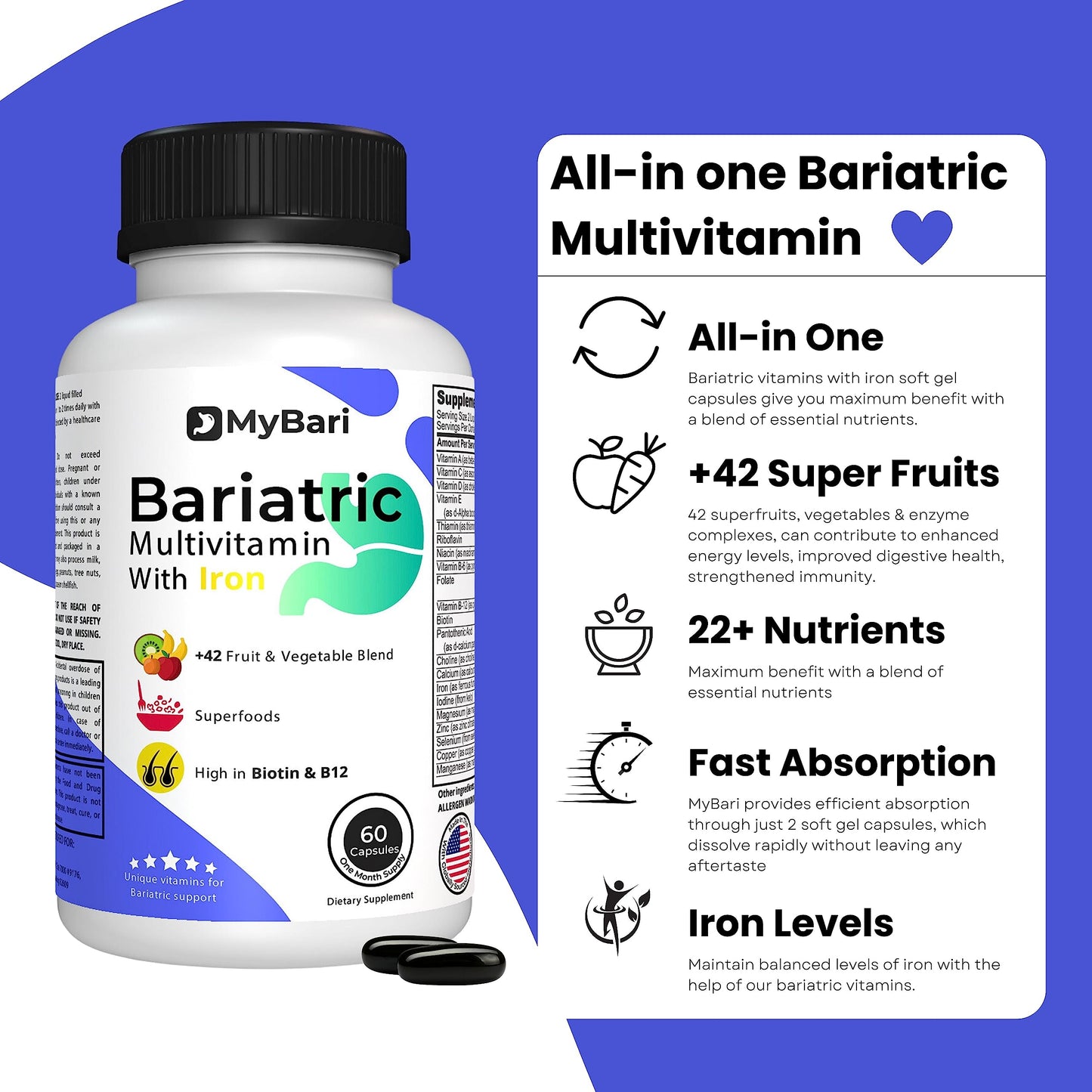 MyBari All-in-One Bariatric Multivitamin with Iron, 60 Capsules