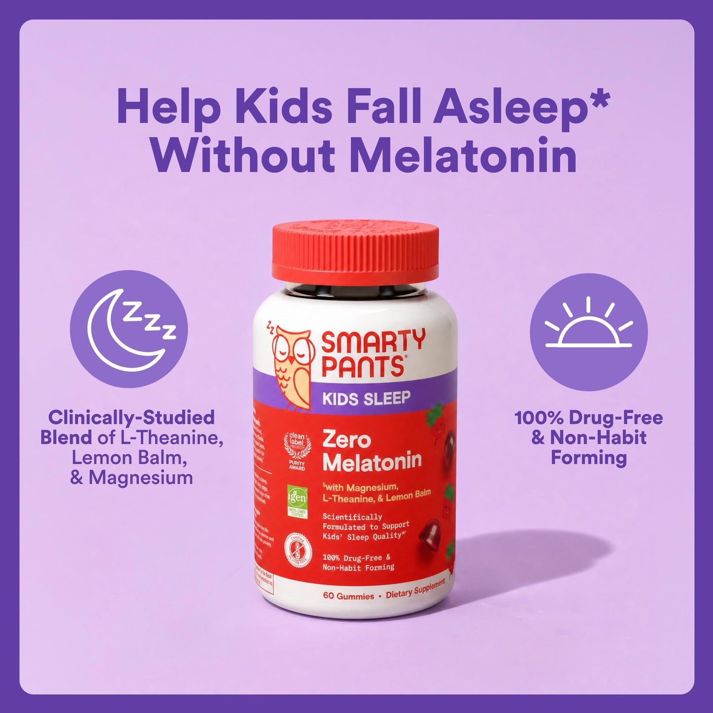 SmartyPants Kids Sleep Zero Melatonin Gummies with L-Theanine, Lemon Balm & Magnesium, 60 Gummies