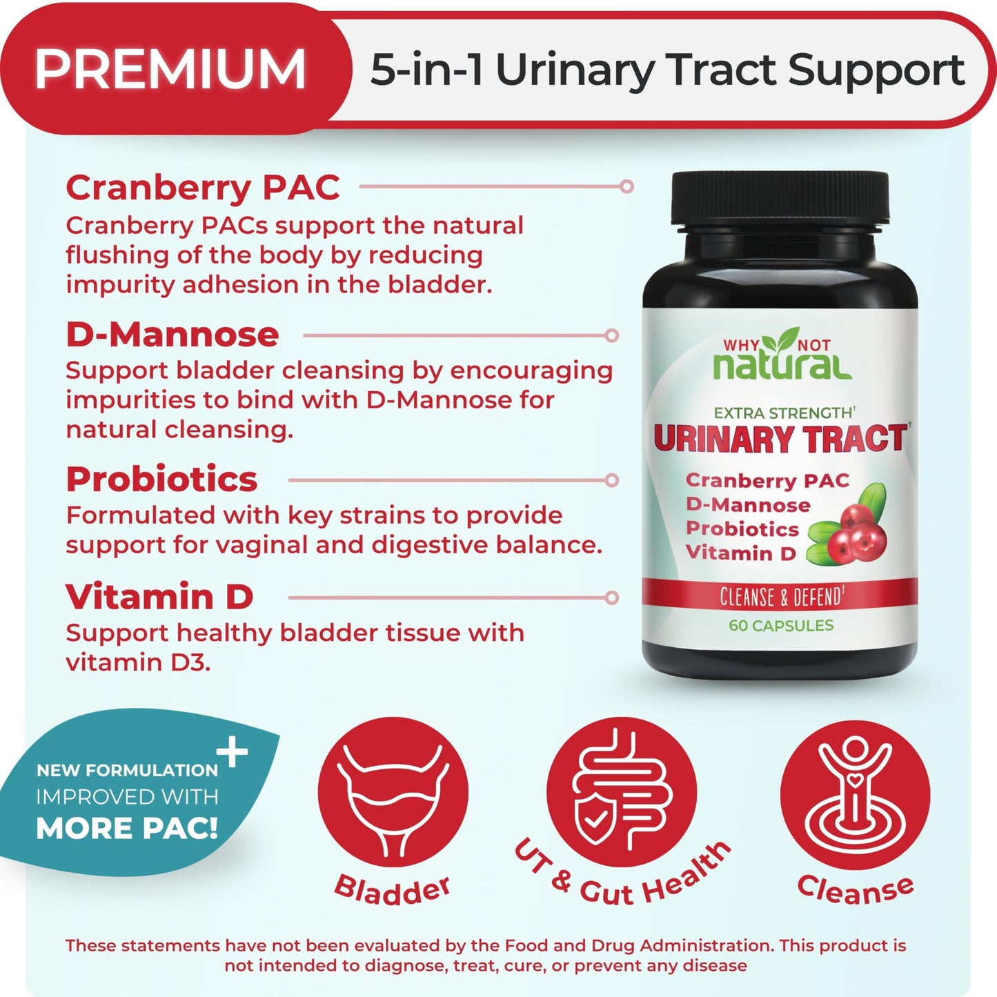 Why Not Natural 5-in-1 UTI Pills with D Mannose, Cranberry PAC Extract, Probiotics and Vitamin D Urinary Health Formula Capsule, 60 Count