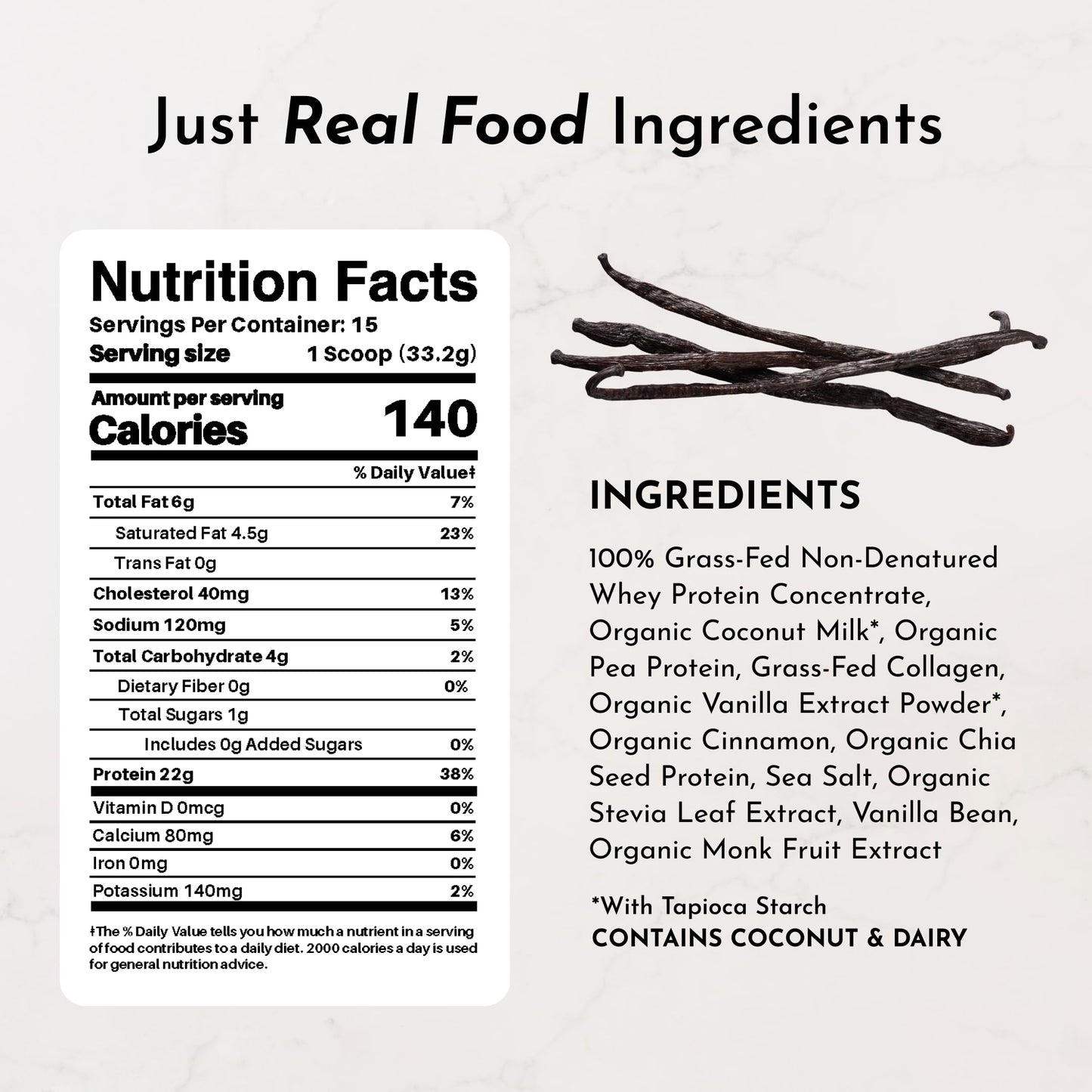 JUST INGREDIENTS Vanilla Protein Powder Grass-Fed Whey, 15 Servings