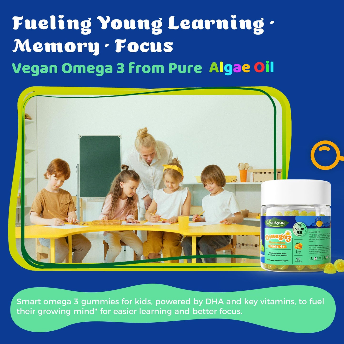 Q'ankyaq Kids Omega 3 Gummies, Vegan Algae Oil Omega-3 with DHA, Zinc & Multivitamins, Focus Support, No Fishy Taste, Sugar Free, 90 Gummies