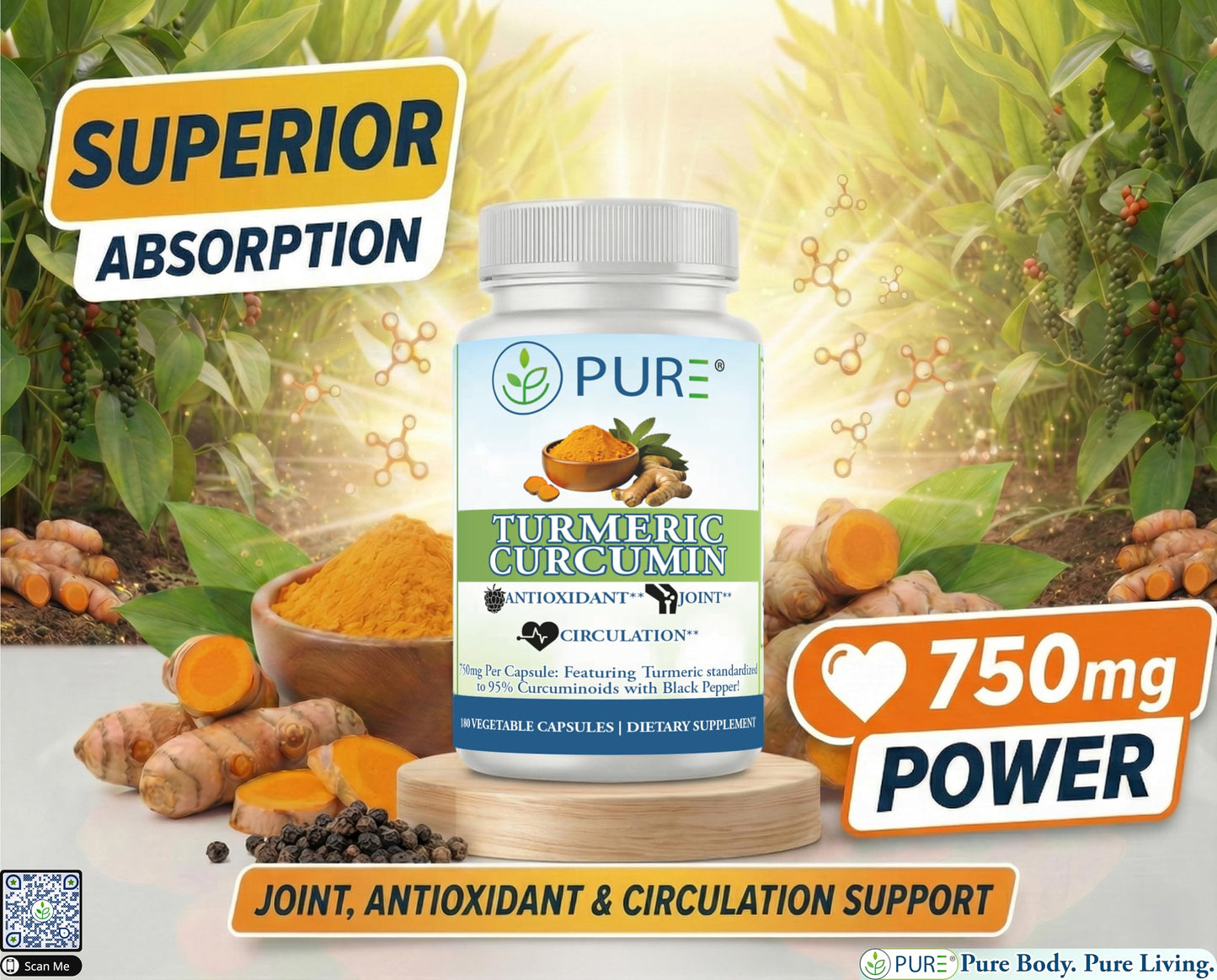 PURE Turmeric Curcumin 750 mg Capsules, 180 Count