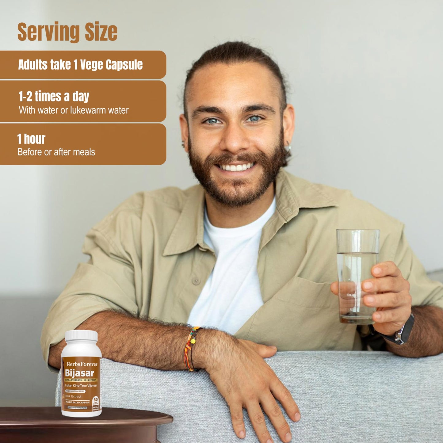 Herbsforever Bijasar Indian Kino Tree Extra Strength 10:1 Extract, 4800mg Bark Powder Equivalent per Serving, Capsules, 60 Count