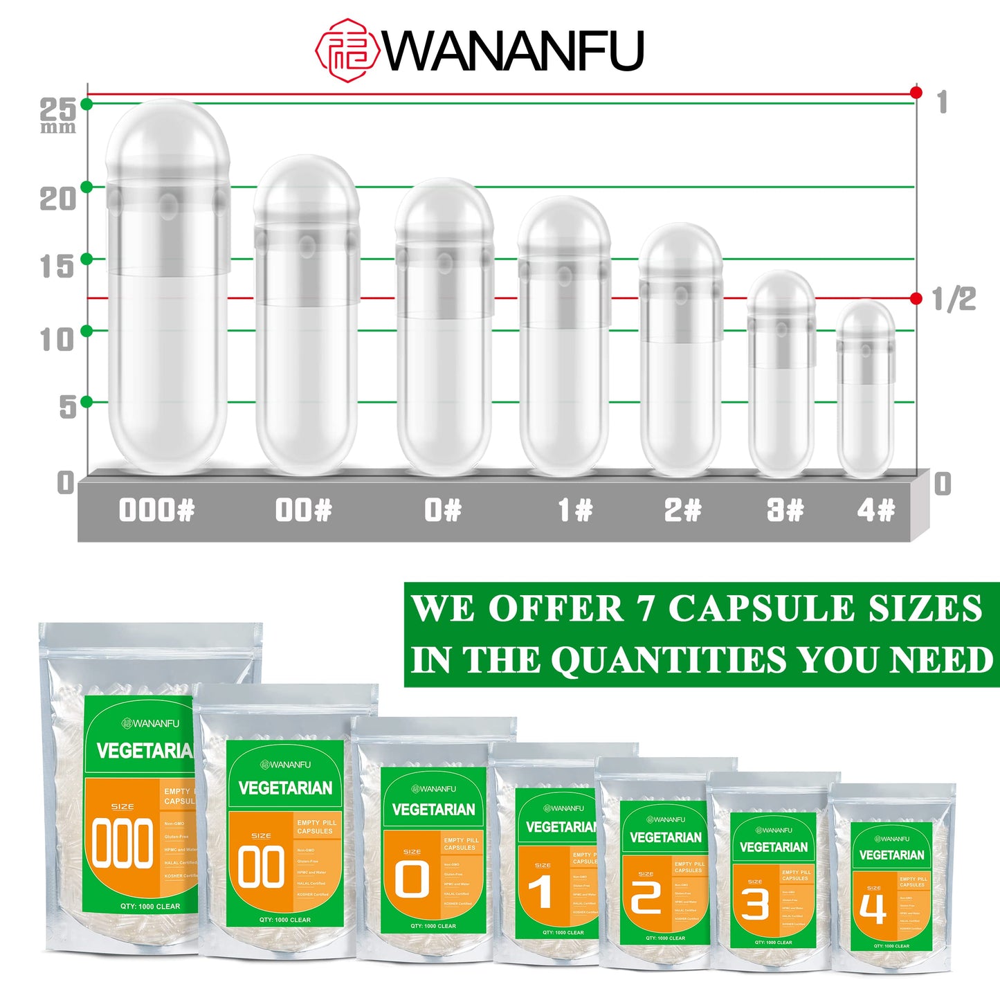 Wananfu Size 2 Empty Vegetarian Capsules, 1000 Count