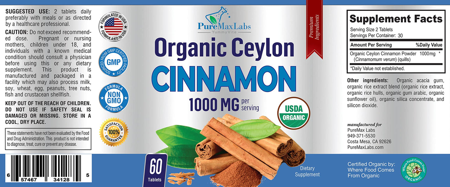 YUMMYVITE Organic Ceylon Cinnamon 1000mg per Serving Tablet, 60 Tablets