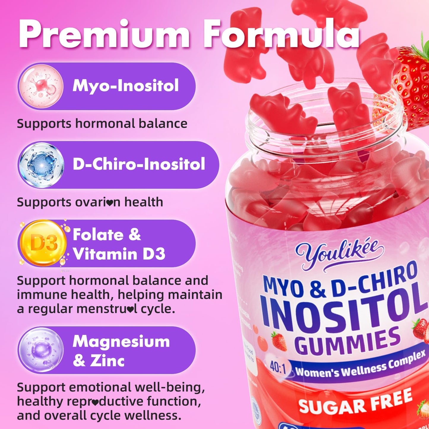 Youlikee Myo-Inositol & D-Chiro Inositol Gummies for Women, 60 Count