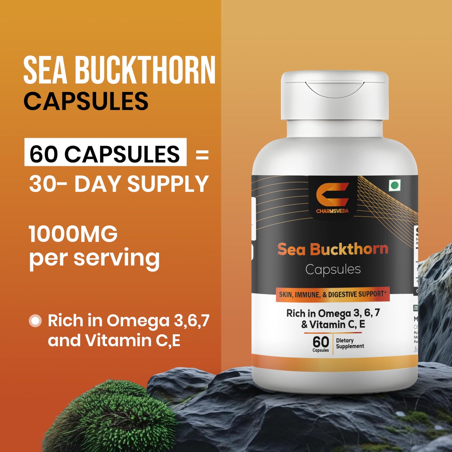 CHARMSVEDA Sea Buckthorn Capsules 1000 mg with Omega 3, 6, 7 | Vitamins C & E | Skin Health, Immune Support & Overall Wellness | 60 Capsules