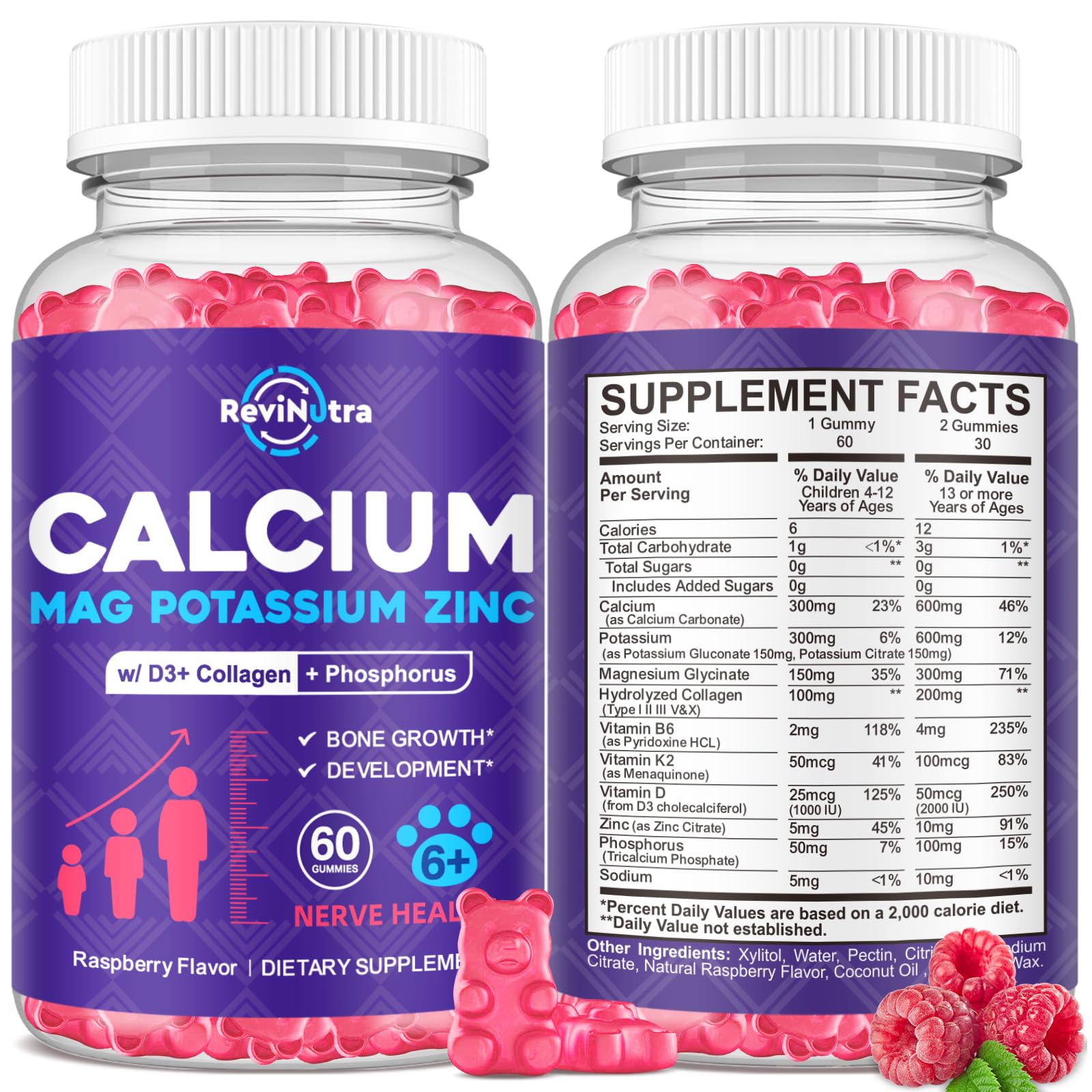 ReviNutra Calcium Potassium Magnesium Gummies, Raspberry, Sugar Free, 120 Count