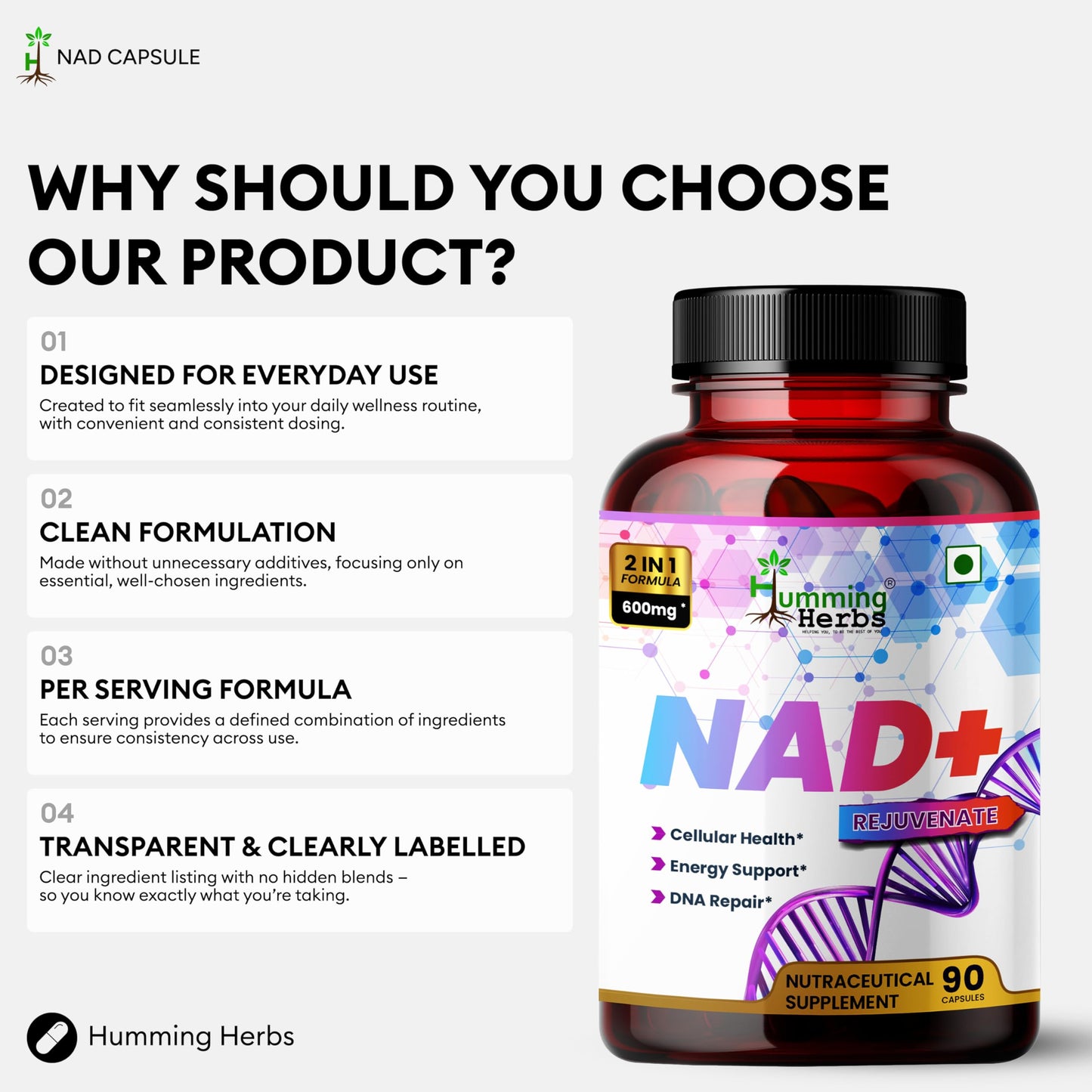 Humming Herbs NAD+ 300mg with Resveratrol 300mg Cellular Energy Booster, 90 Capsules