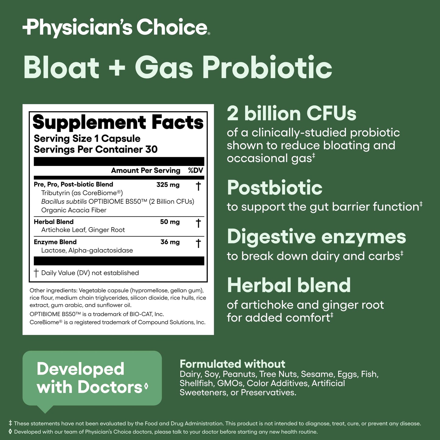 Physician's CHOICE Bloat & Gas Probiotic 5-in-1 Proactive Support + Daily Relief - Digestion & Gut Health - Herbals, Digestive Enzymes, Post & Prebiotics - Gas Relief for Adults - Women & Men Capsules, 30 Count