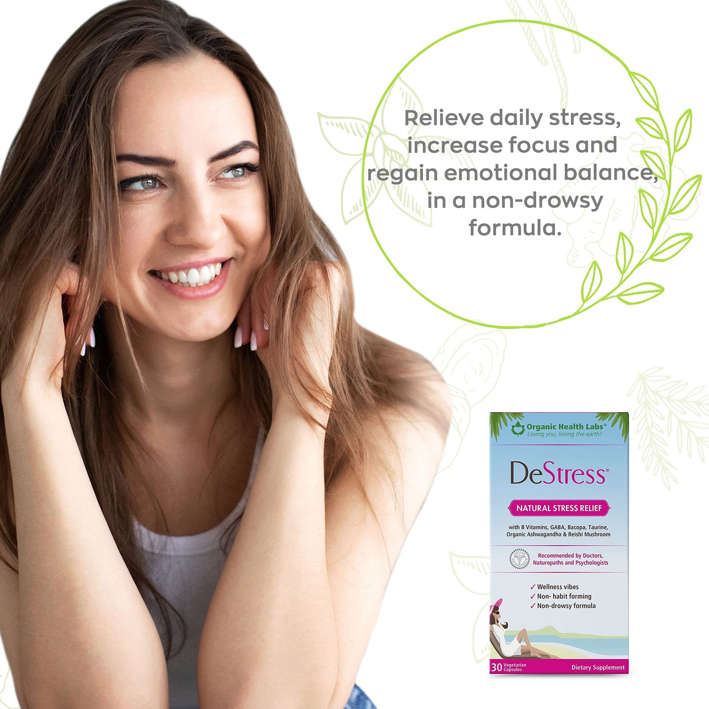 Organic Health Labs DeStress All-Natural Veggie Capsules with B Vitamins, Magnesium, Ashwagandha and L-Theanine, Anxiety Relief, Stress Relief Supplement, 30 Capsules