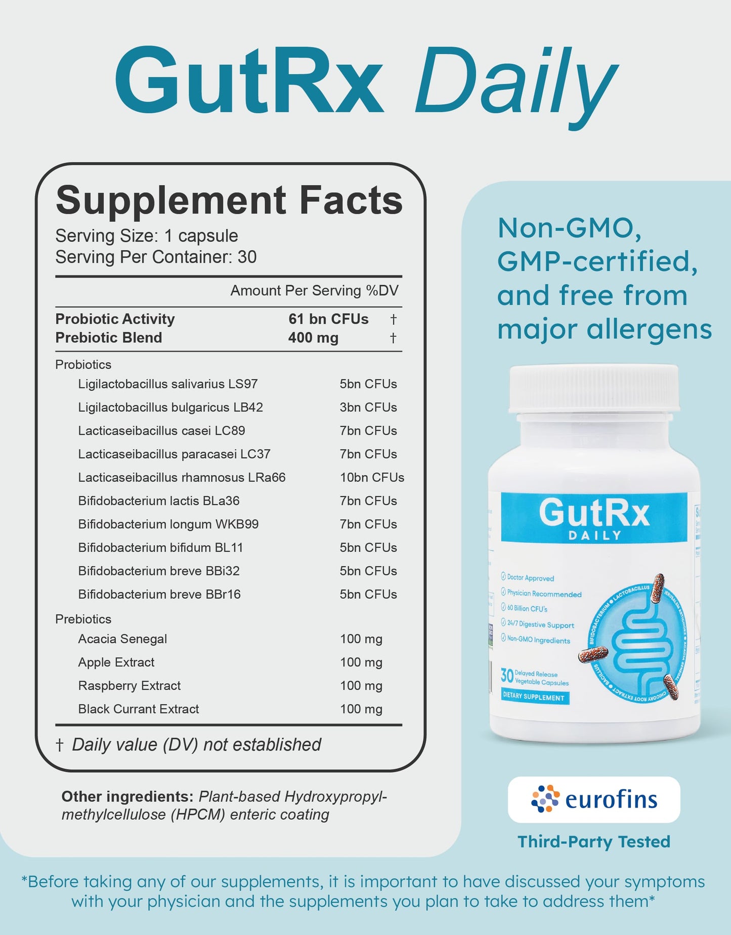 GutRx Daily Probiotics for Women & Men with Bifidobacterium Longum & Prebiotics for Gut Health, Gluten Free Probiotics for Digestive Health – 61 Billion CFU, 30 Enteric Coated Capsules