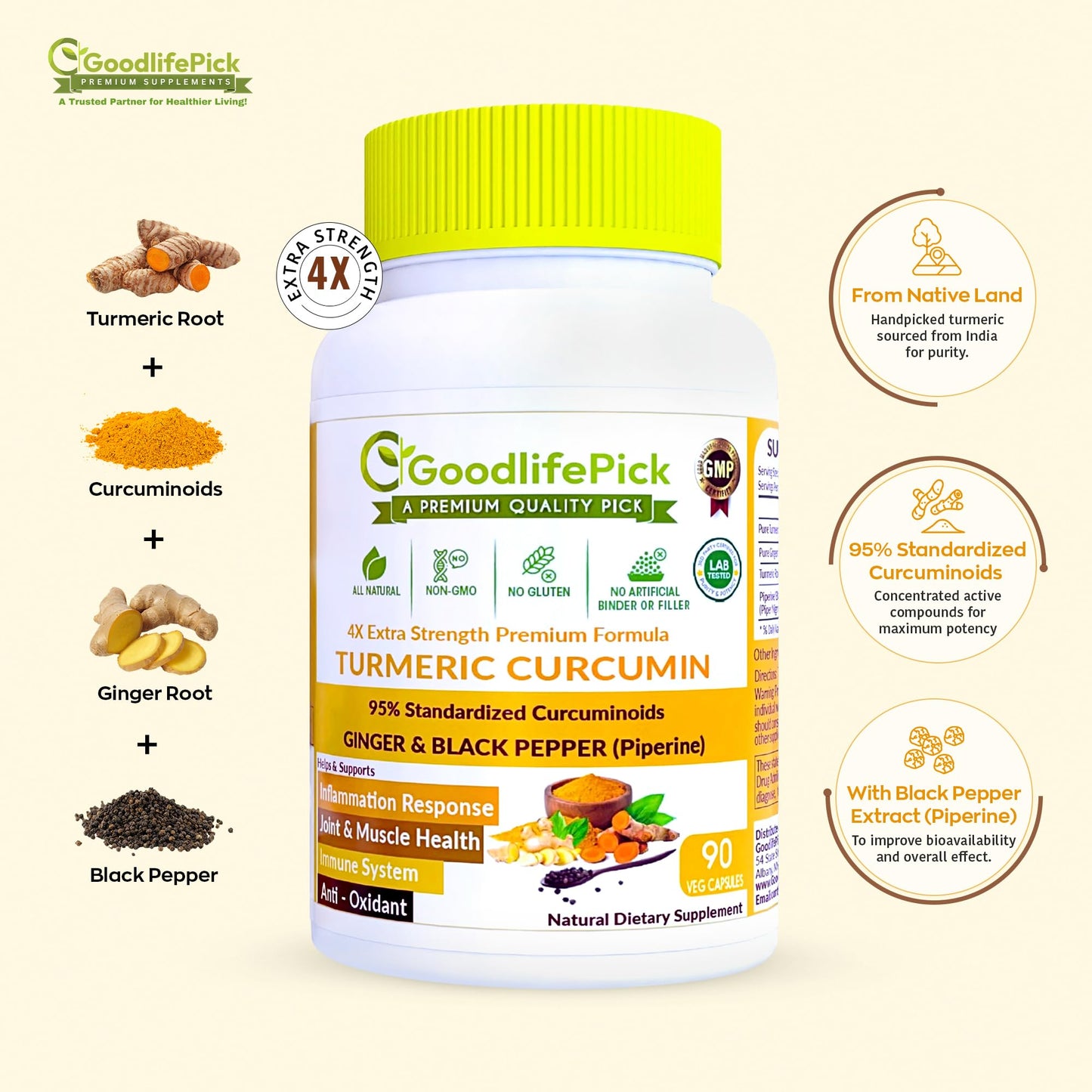 GoodlifePick Premium Turmeric Curcumin with Ginger Capsules, 180 Capsules