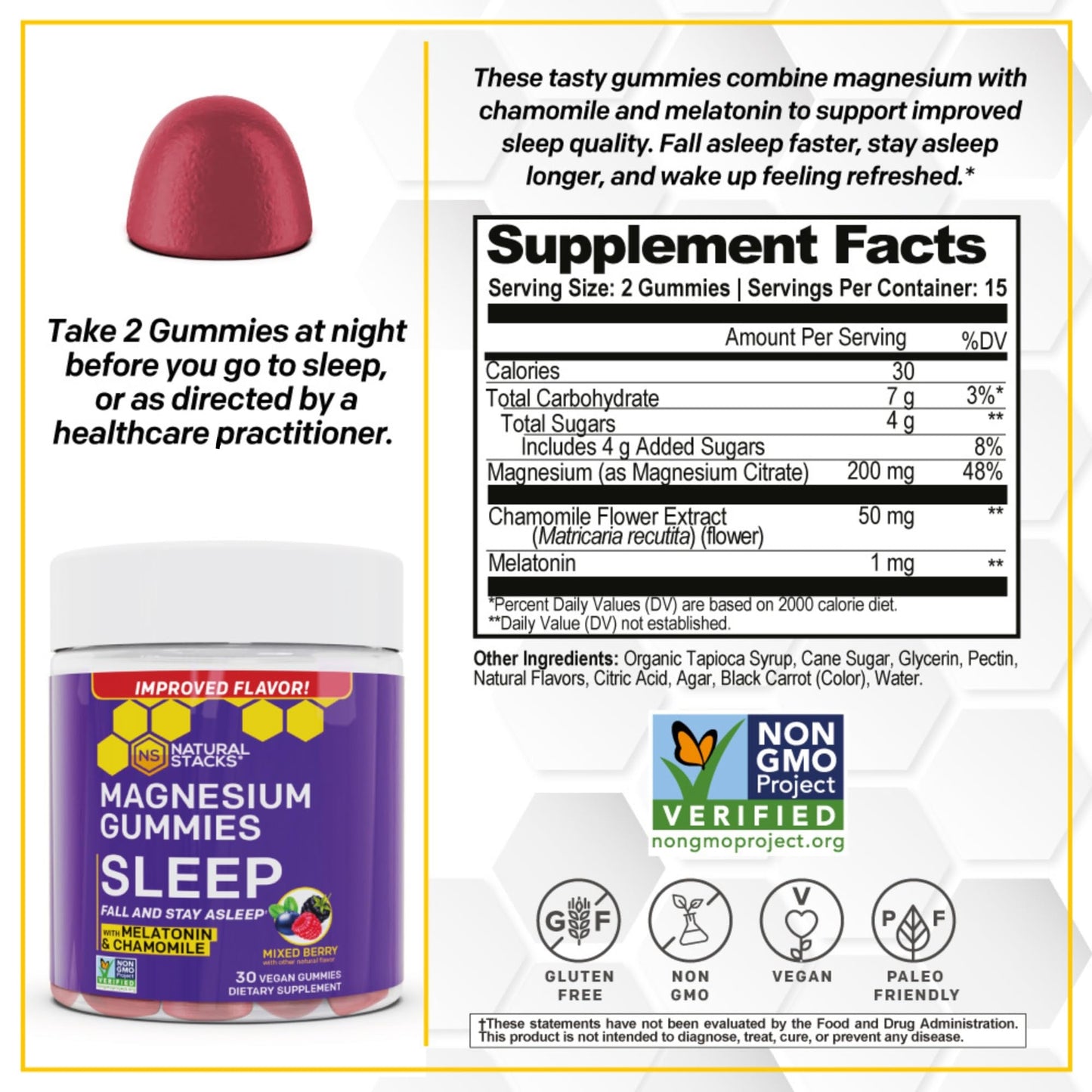 NATURAL STACKS Sleep Magnesium Gummies with Melatonin Mixed Berry 30 Count