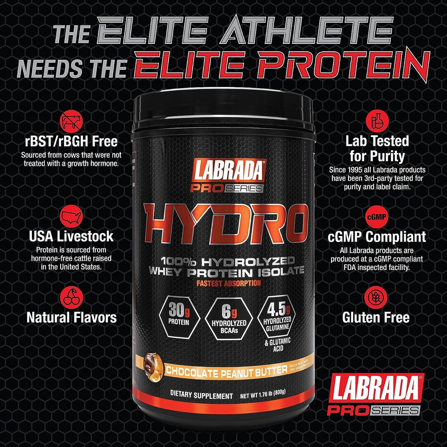 Labrada Hydro 100% Pure Hydrolyzed Whey Protein Isolate Powder, 20 Servings, Chocolate Peanut Butter