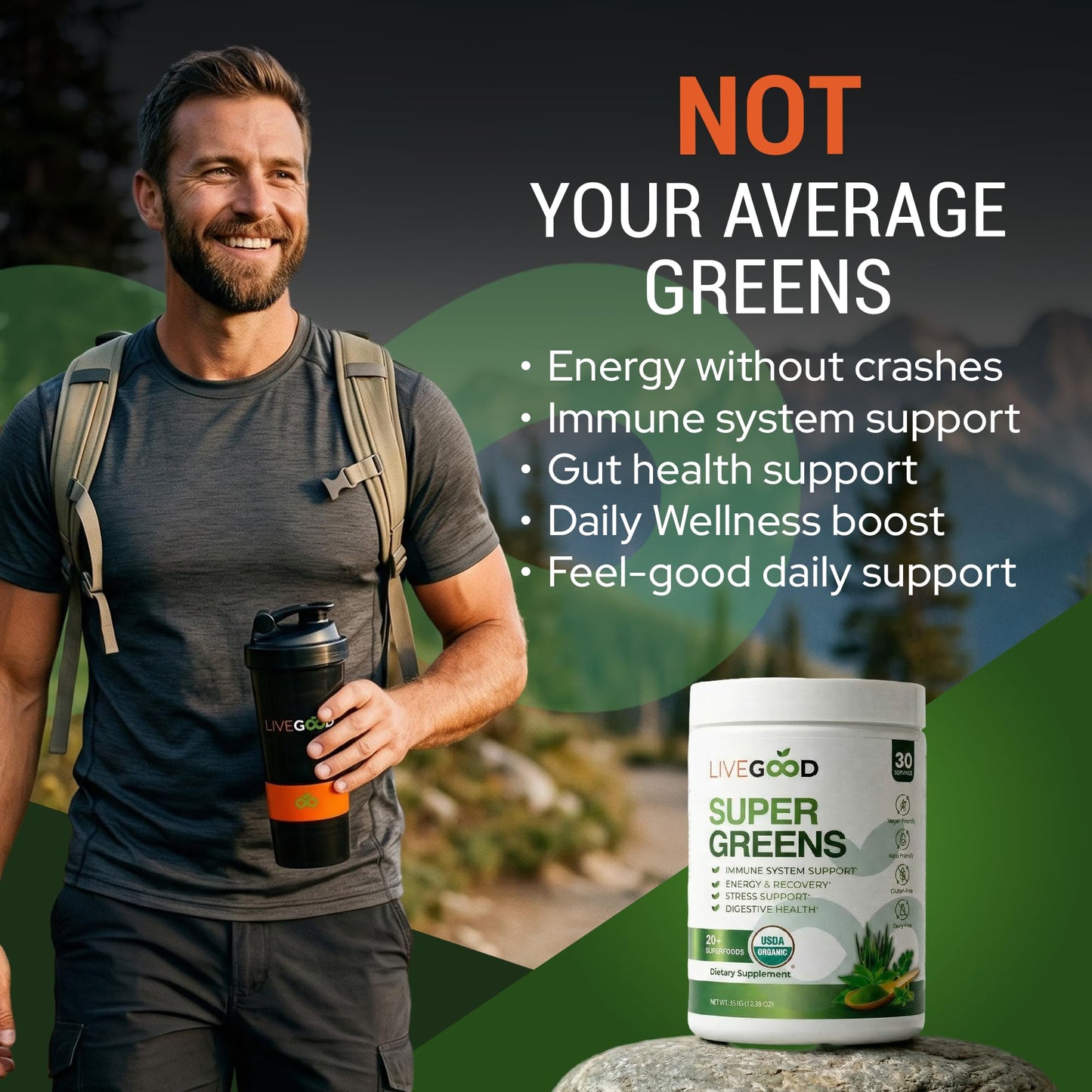 LIVEGOOD Daily Greens Organic Blend for Digestion & Focus – Super Greens Supplement Powder, 12.38 oz