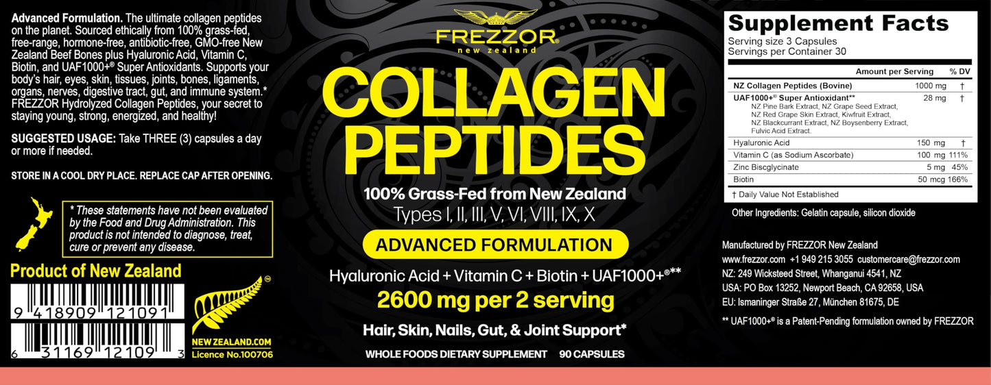 FREZZOR Collagen Peptides with UAF1000+ 100% Grass-Fed New Zealand Cattle Source, Hydrolyzed, Joint, Skin, Hair & Nail Support, Amino Acids, Anti-Aging, 450 Capsules