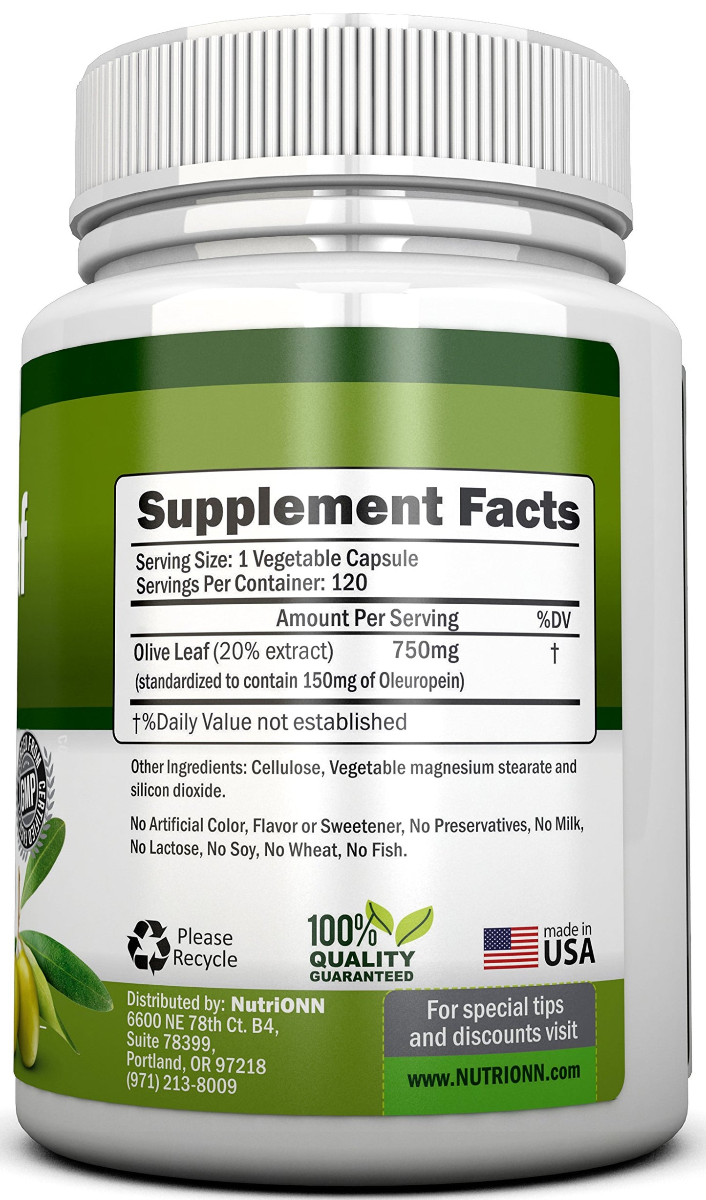 NutriONN Olive Leaf Extract 750 mg Capsules, 120 Count