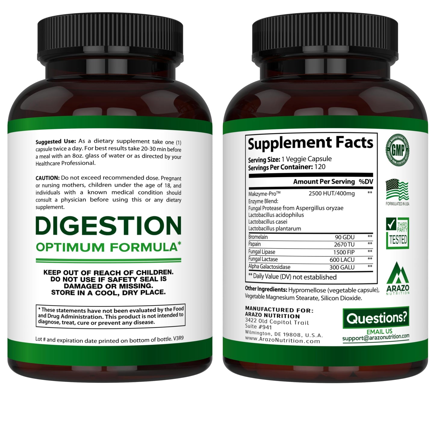 Arazo Nutrition Digestive Enzymes with Probiotics - Multi Enzyme Nutritional Supplement - Acidophilus Bromelain Papaya Papain Lipase & Lactase - Improve Digestion 120 Capsules