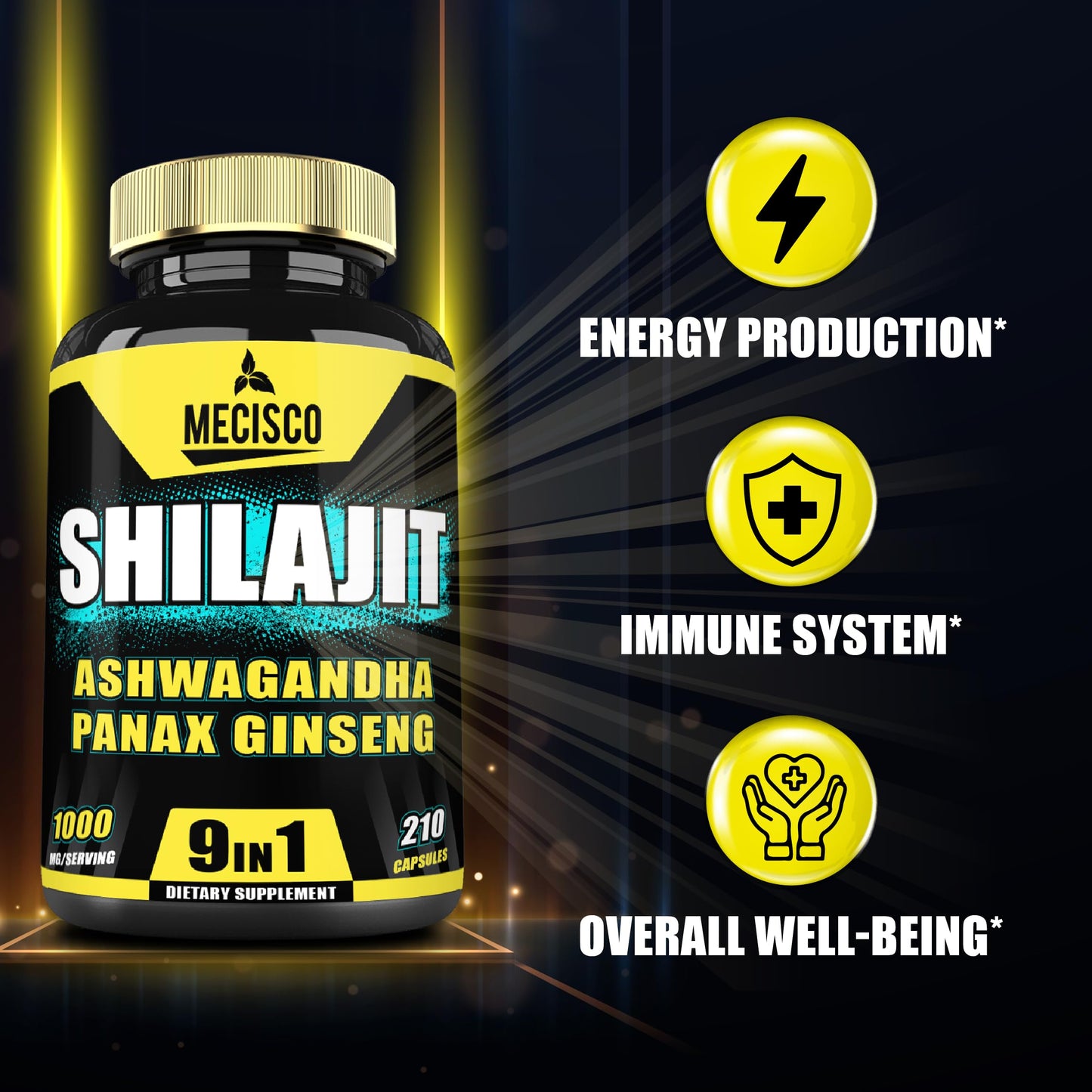 Mecisco 9in1 Shilajit Pure Himalayan Organic with Ashwagandha Root, Panax Ginseng, L-Arginine, Chaga & More, 210 Capsules
