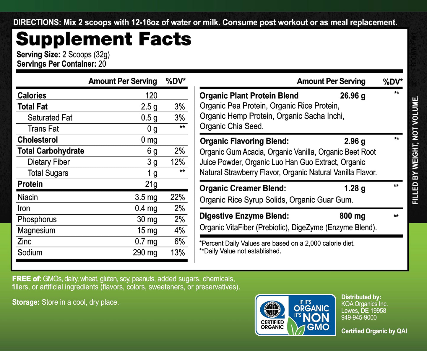 KOA Organics Vegan Protein Powder Strawberries & Cream Flavor, 640g