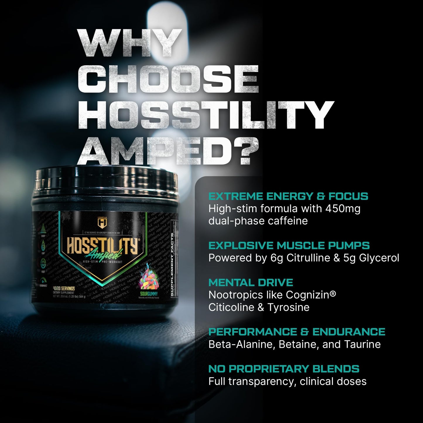 HOSSTILE Hosstility Amped High Stim Pre-Workout Powder, Sour Gummy, 40 Servings