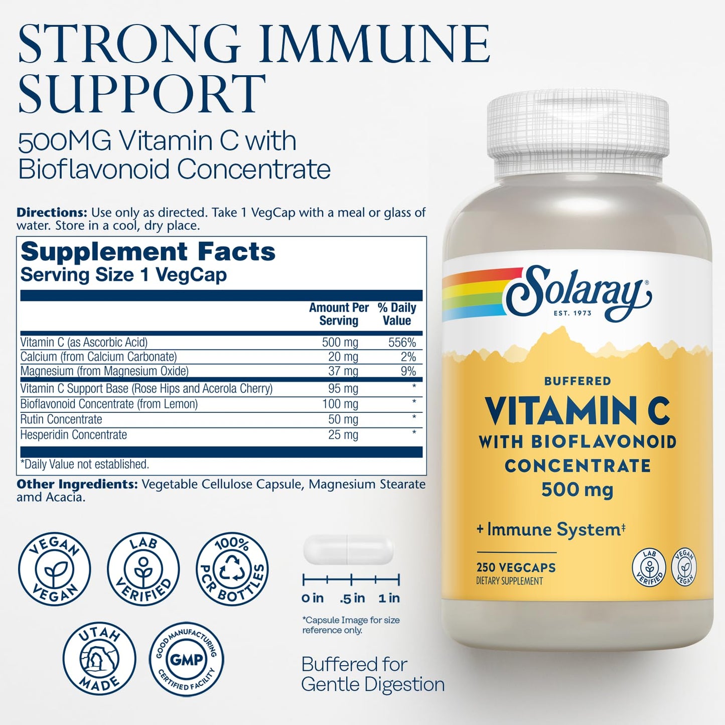 Solaray Buffered Vitamin C 500mg with Bioflavonoids, Rose Hips and Acerola Cherry Capsules, 250 VegCaps