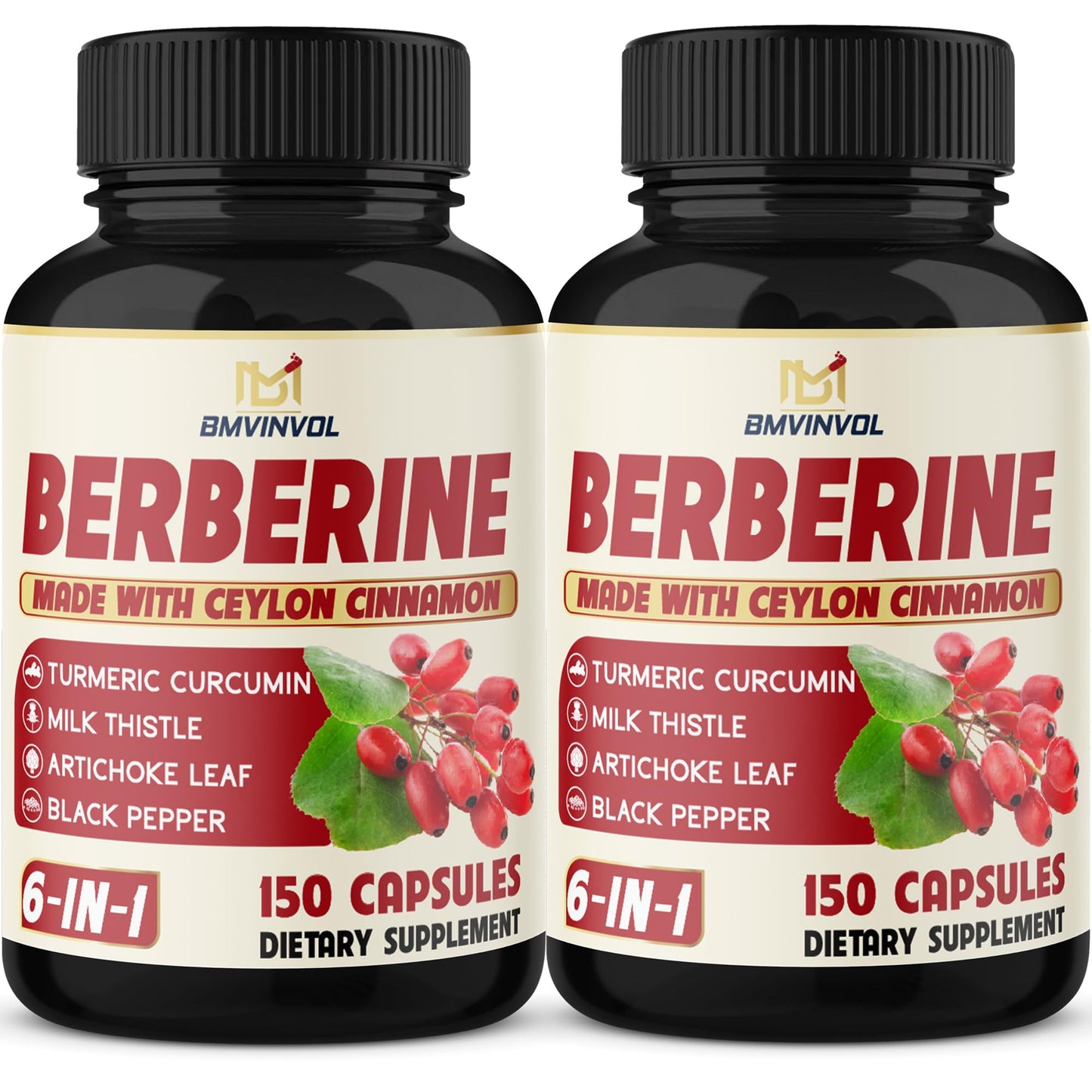 BMVINVOL Berberine HCl Plus Cinnamon Turmeric Milk Thistle Artichoke Black Pepper Capsule 300