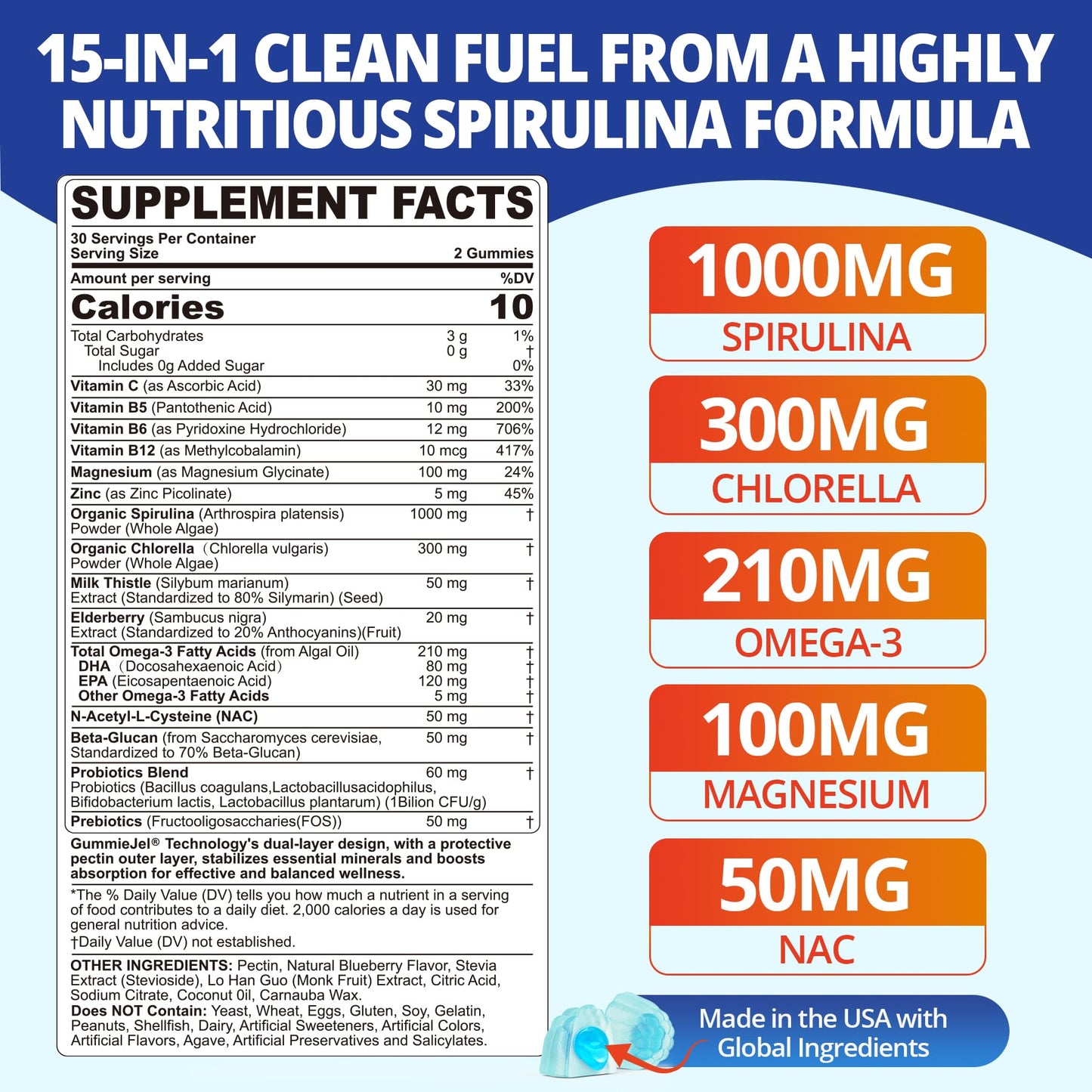 LILICARE Chlorophyll Gummies - Super Green + Organic Blue Spirulina Chlorella, 120 Gummies