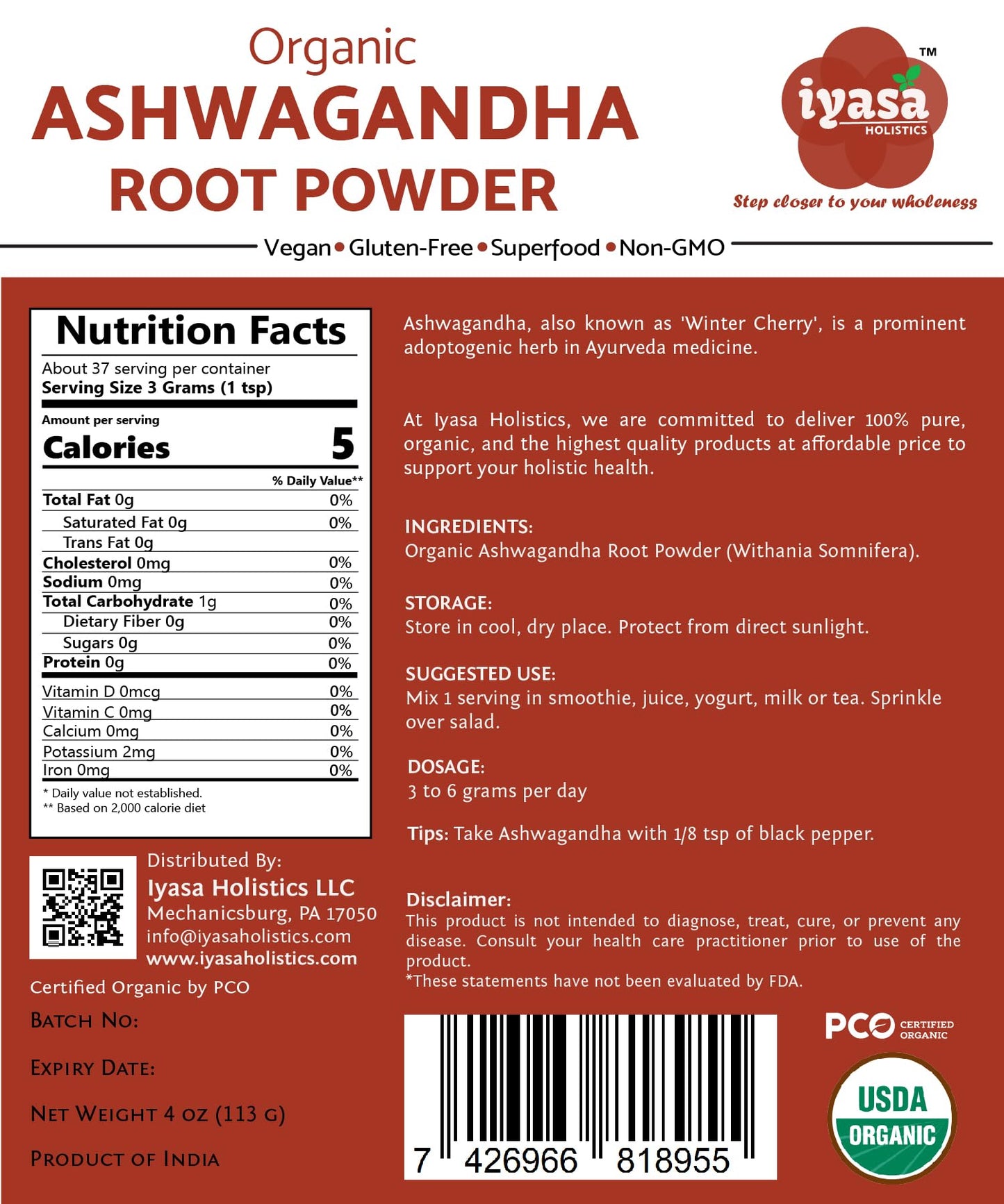 Iyasa Holistics Ashwagandha Powder 4 oz